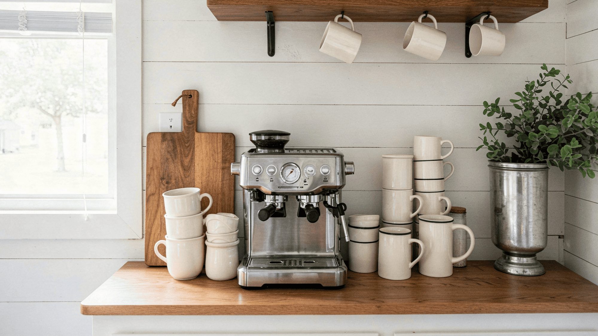 coffee station with mugs and accessories