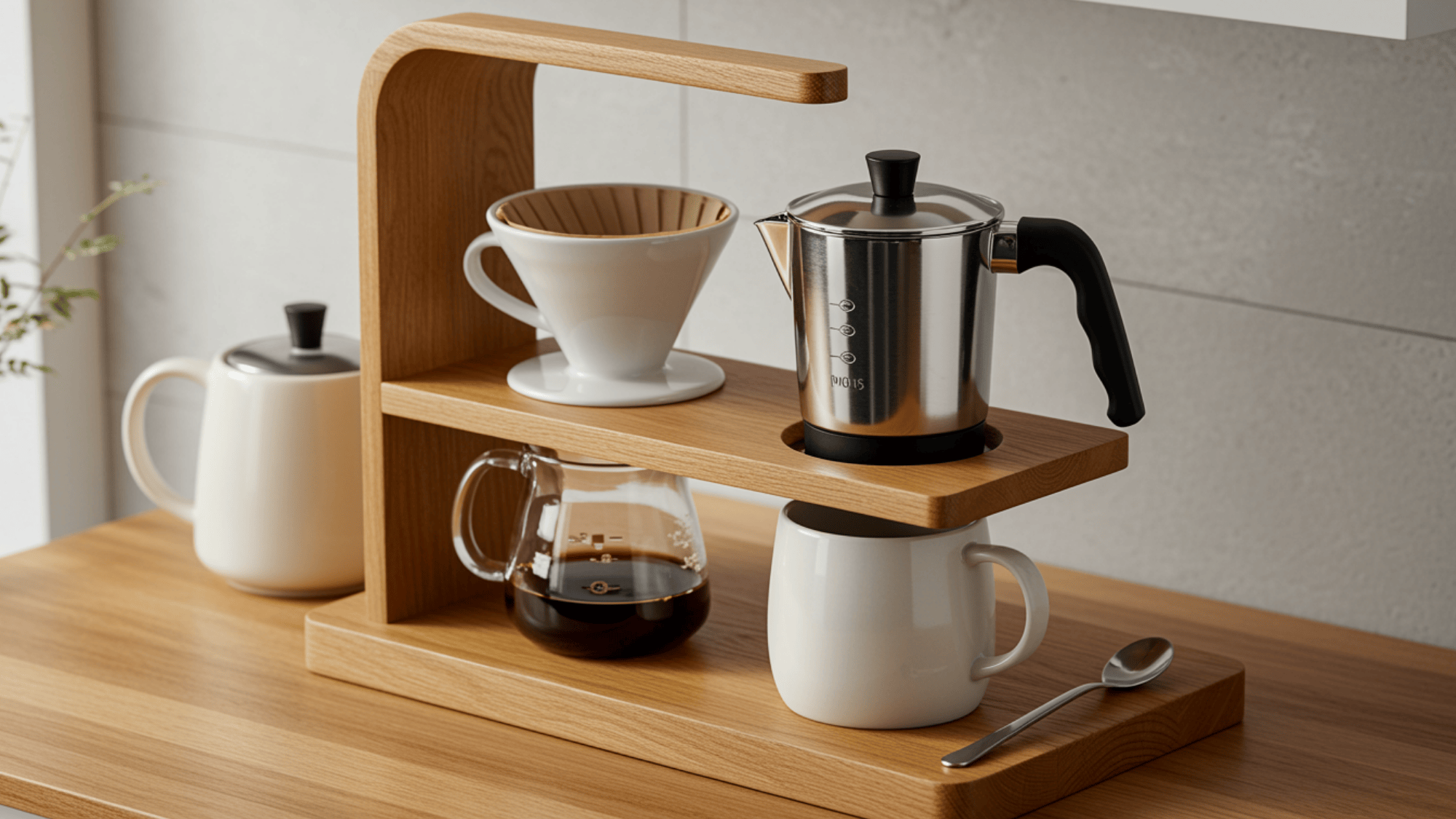 coffee station with open shelving displaying mugs and glass jars