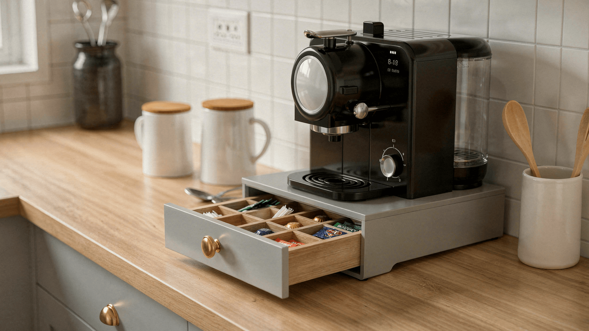 coffee station with organized drawers holding pods and supplies