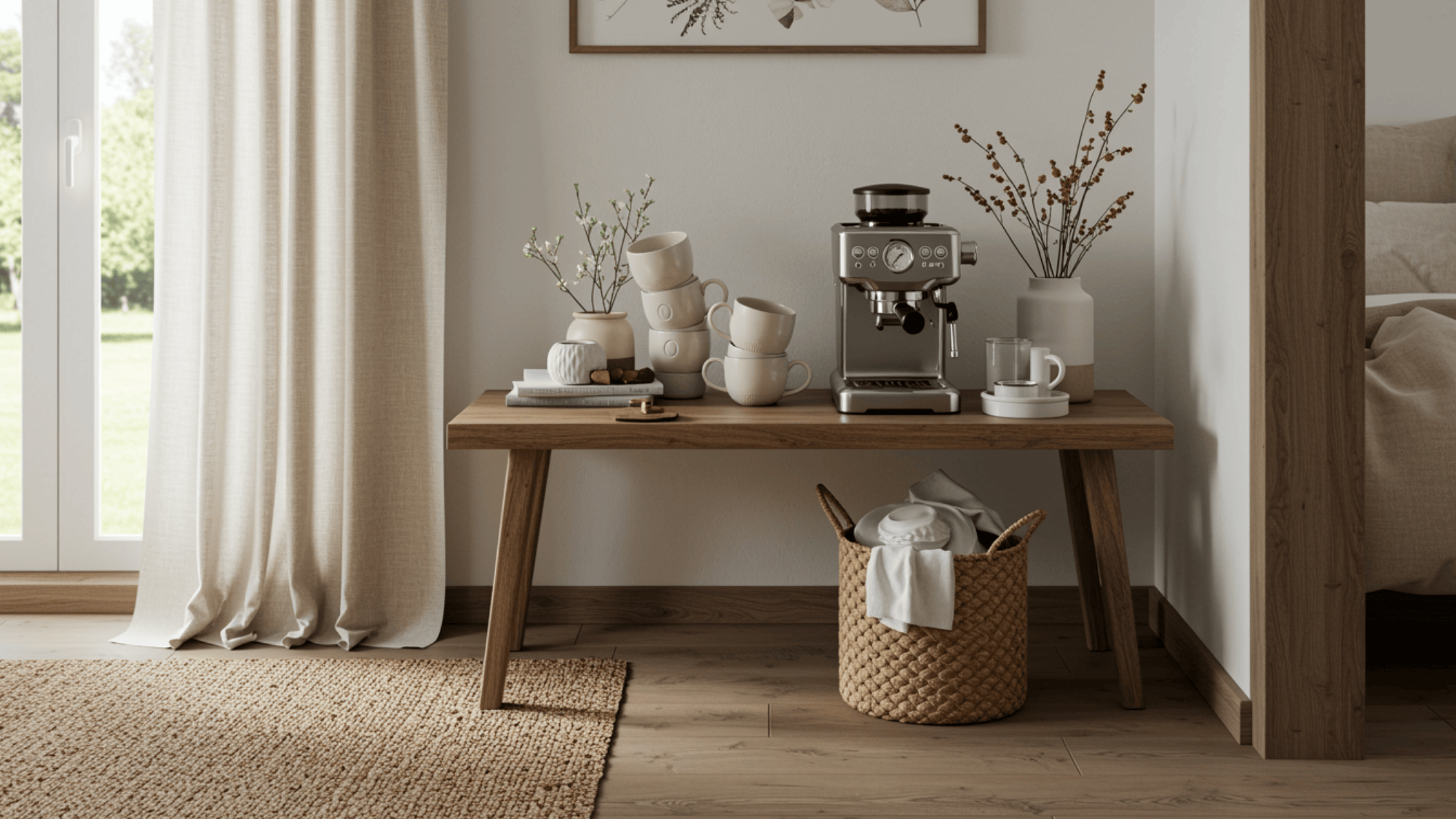 coffee station with small cozy rug in a warm layered home interior .