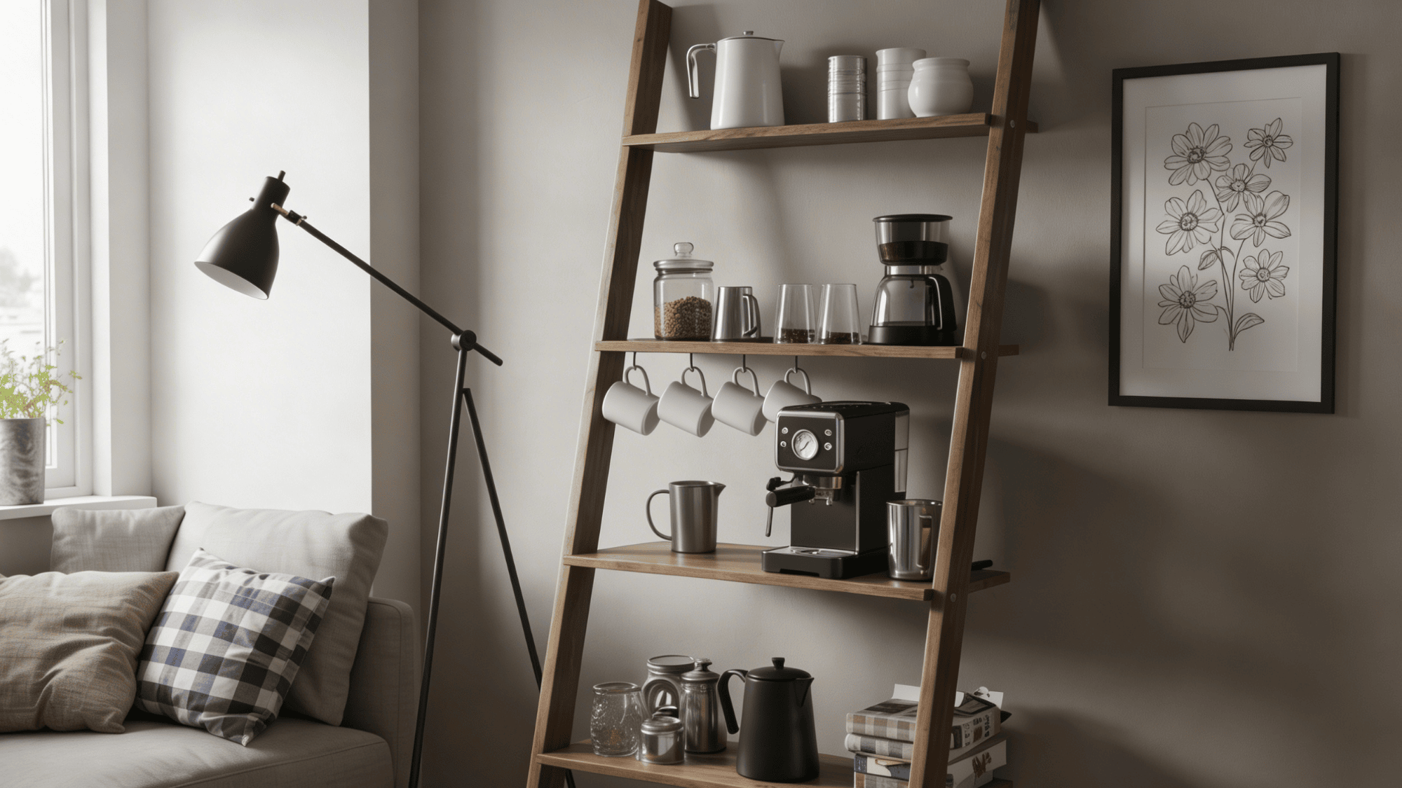 coffee station with small cozy rug in a warm layered home interior