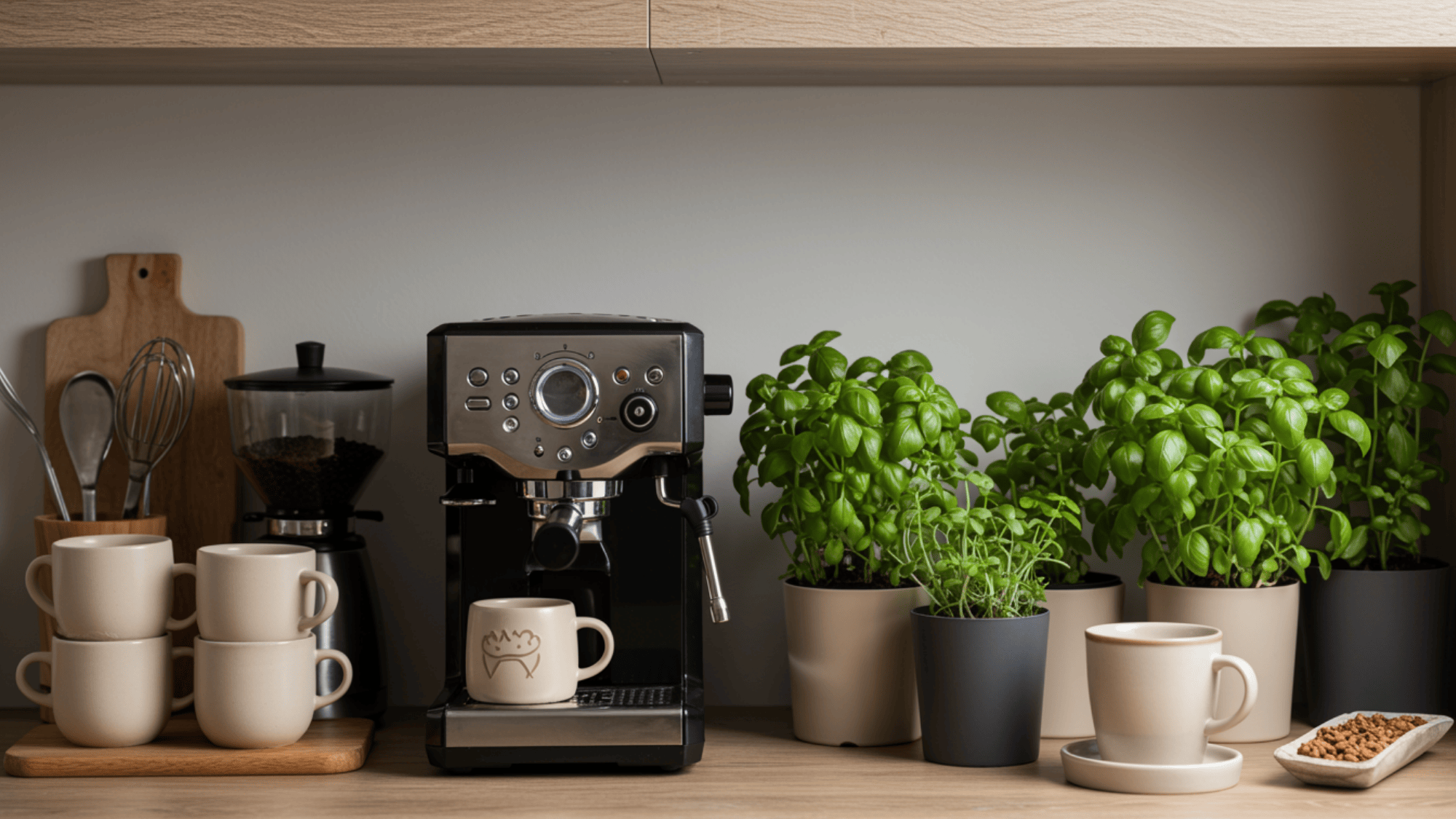 coffee station with small potted herbs and indoor plants