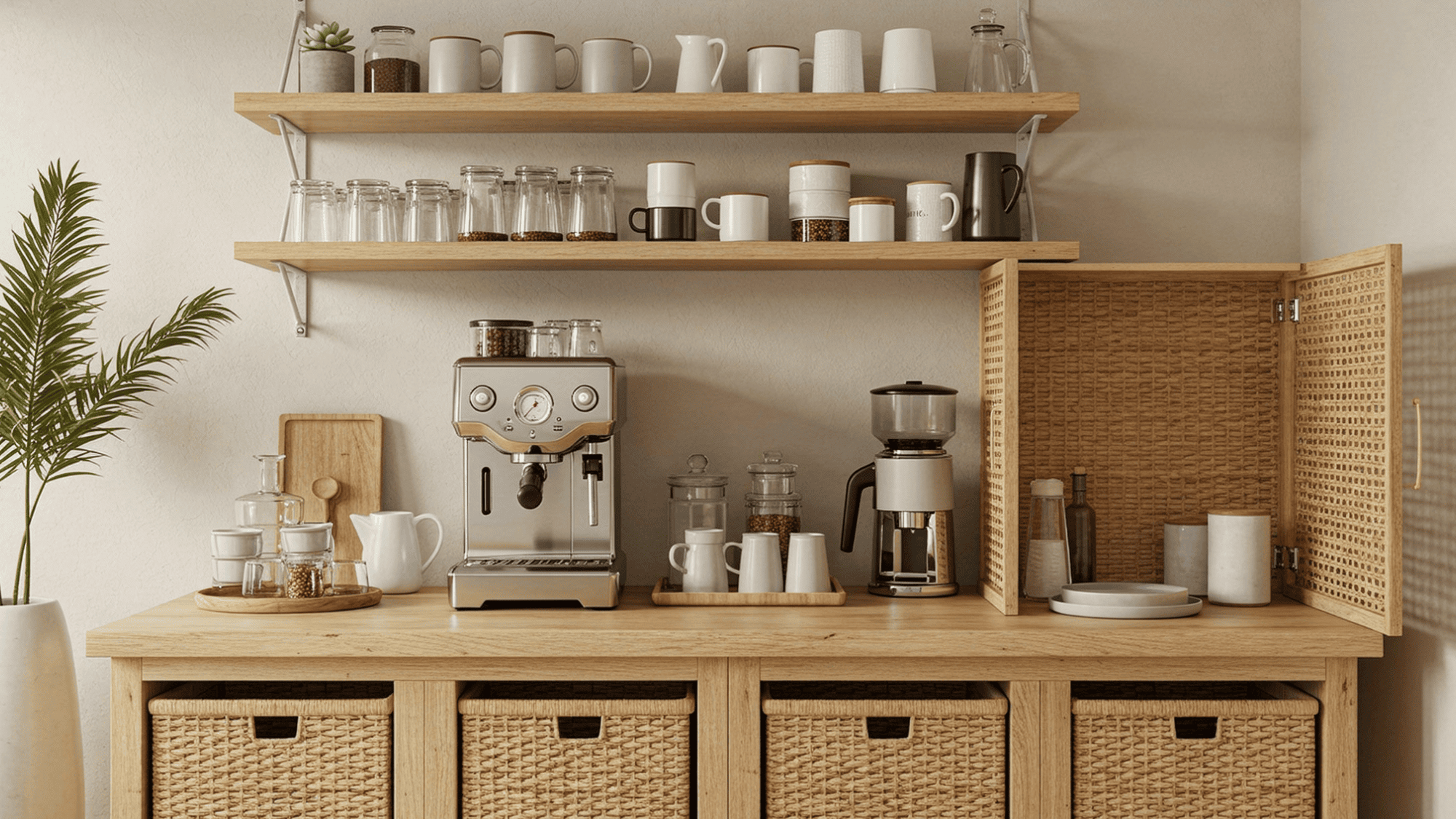 coffee station with wicker baskets
