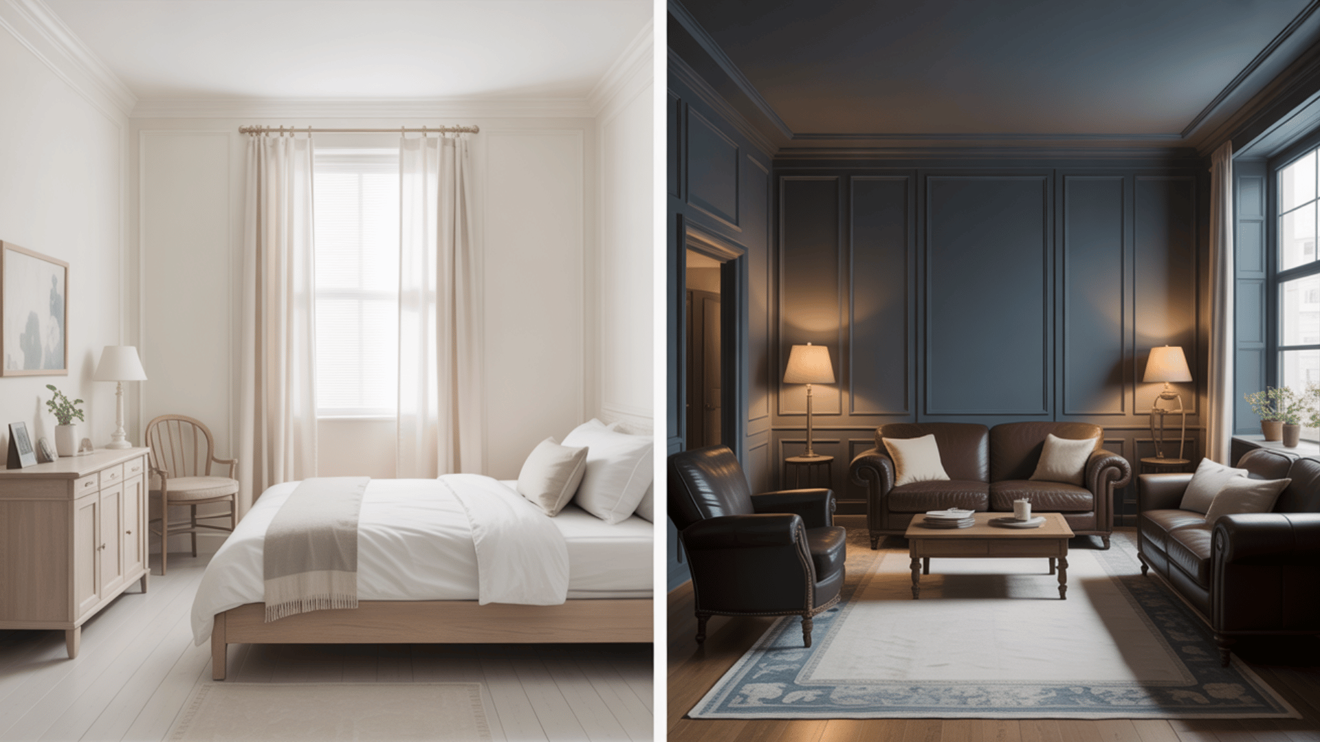 collage featuring two interior design styles a minimalist bedroom with soft neutrals on the left and a cozy, dark-toned living room on the right
