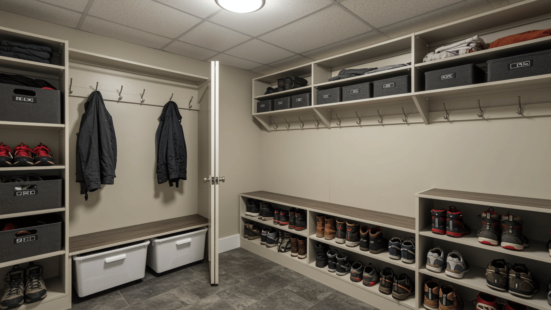 compact basement storage closet with coat hooks, open shelves, labeled bins, shoes, and a clean organized layout