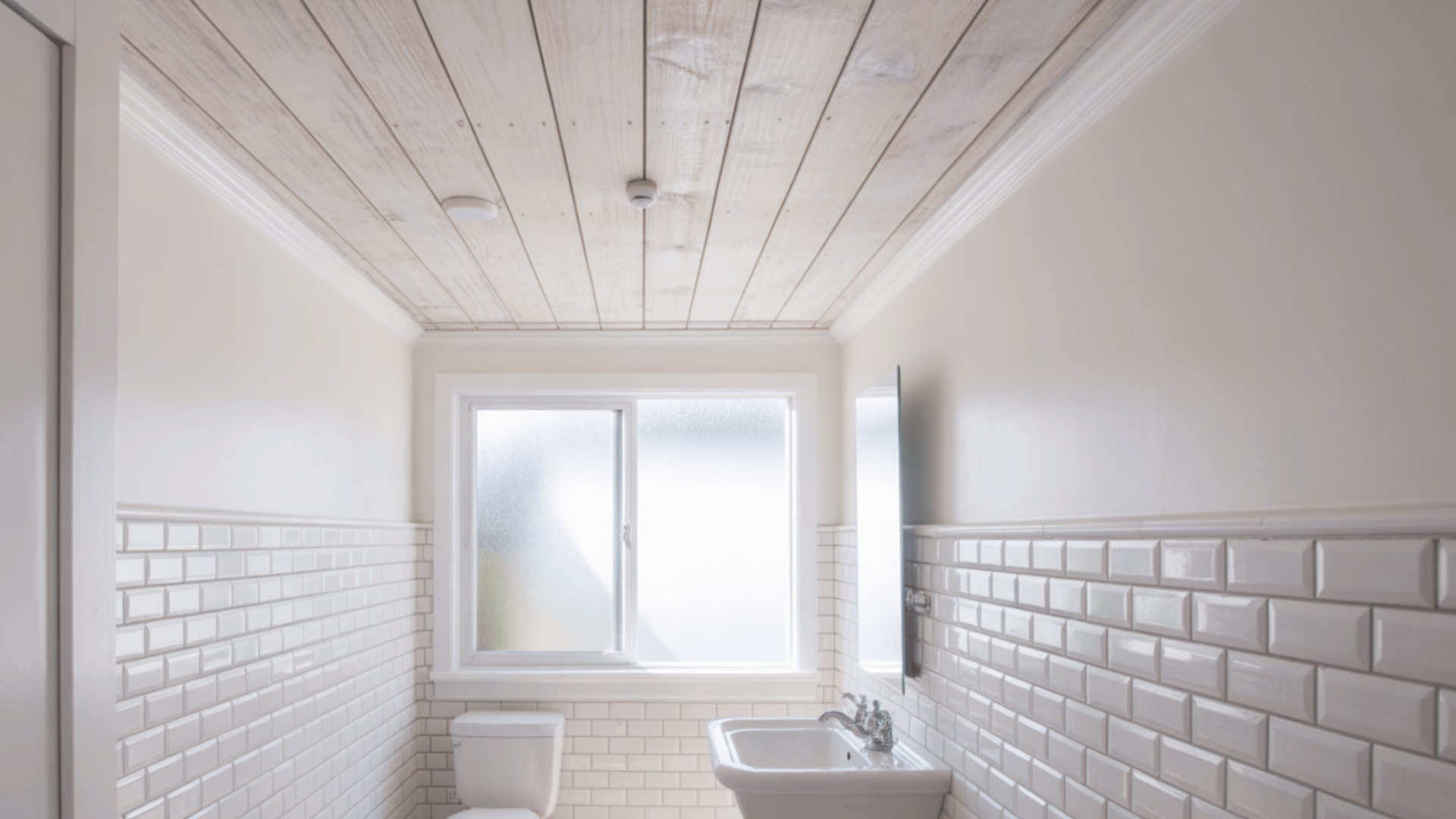 compact bathroom featuring white subway tile walls, a frosted window, and a light-toned whitewashed wood plank ceiling.