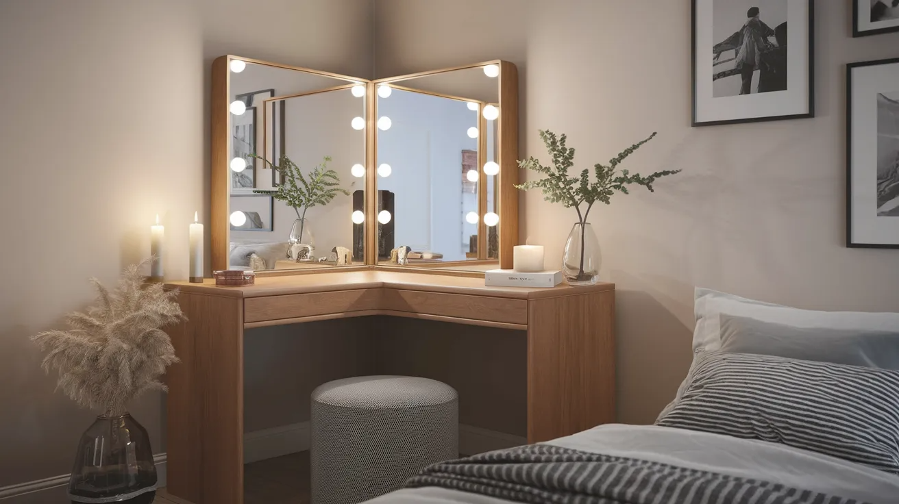 compact corner vanity desk with mirror in a small bedroom
