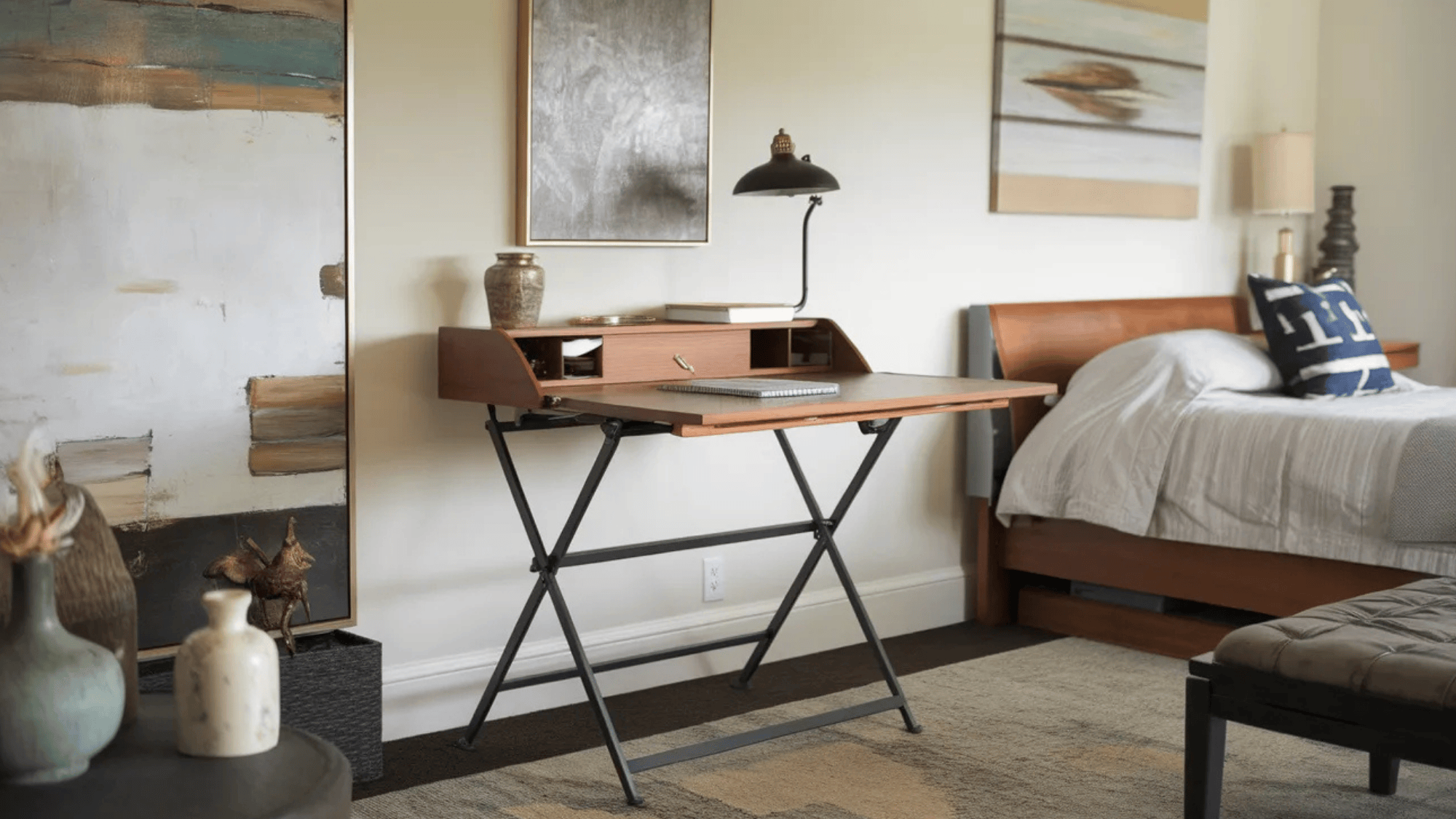 compact fold out desk in a bedroom with modern design, perfect for a functional workspace