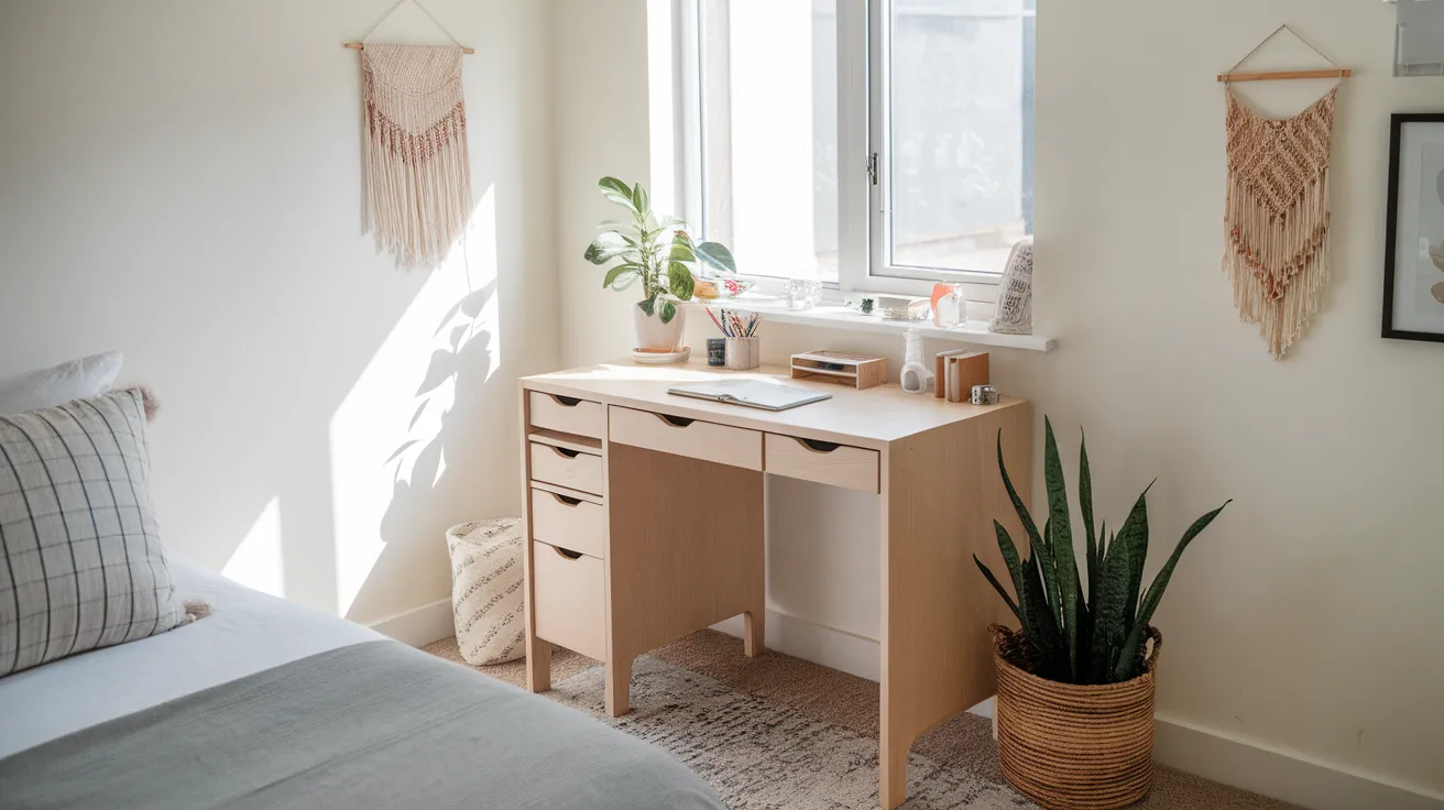 compact writing desk placed in a small bedroom workspace
