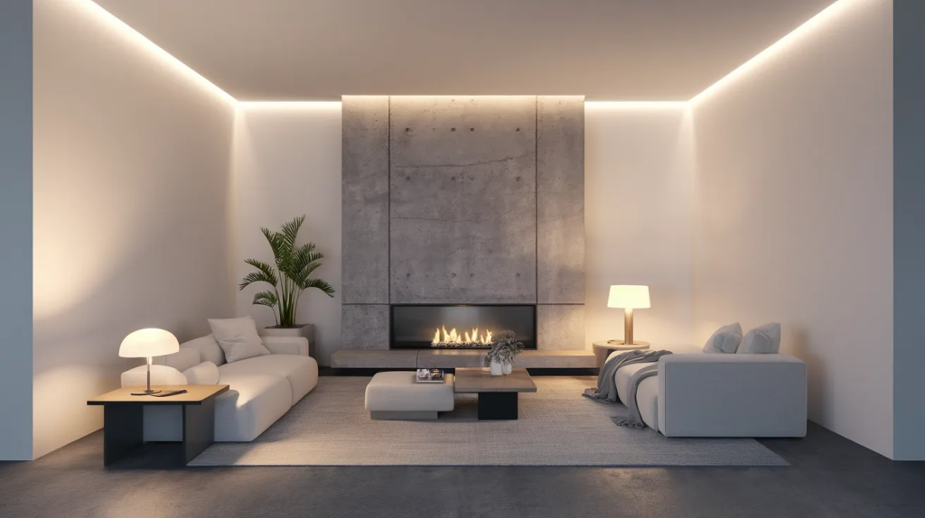 concrete style fireplace accent wall in a minimalist living room with clean lines and soft lighting