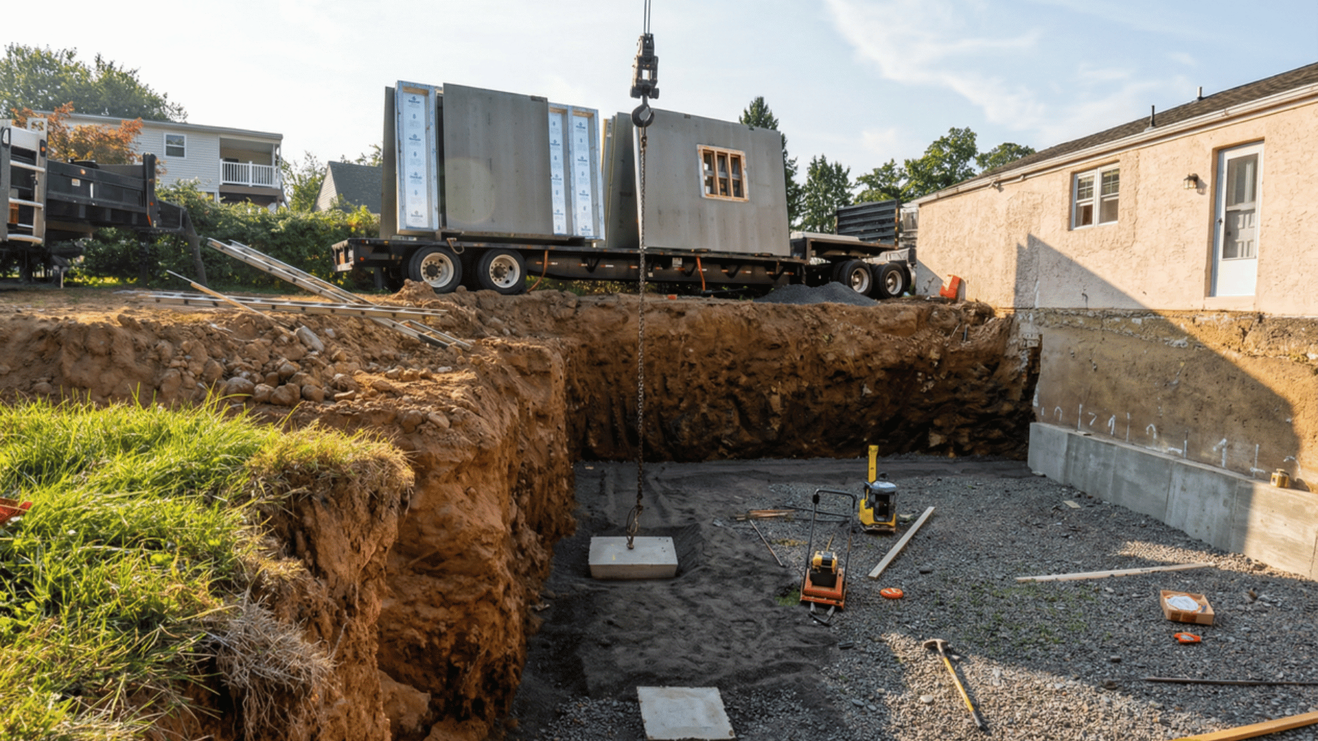 construction workers using a crane to lift a precast concrete wall panel into place at a basement foundation site, with a truck unloading additional panels in the background.