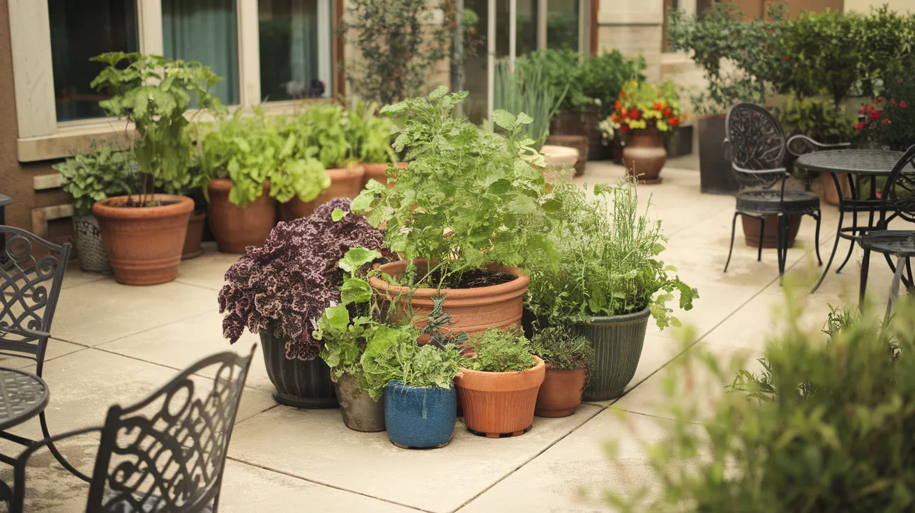 container vegetable garden layout with pots grouped together on a patio for flexible and easy growing