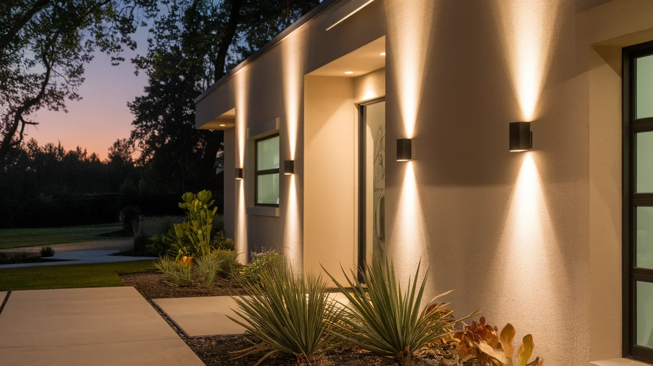 contemporary house exterior with built in wall lighting creating a soft glow and modern nighttime appeal