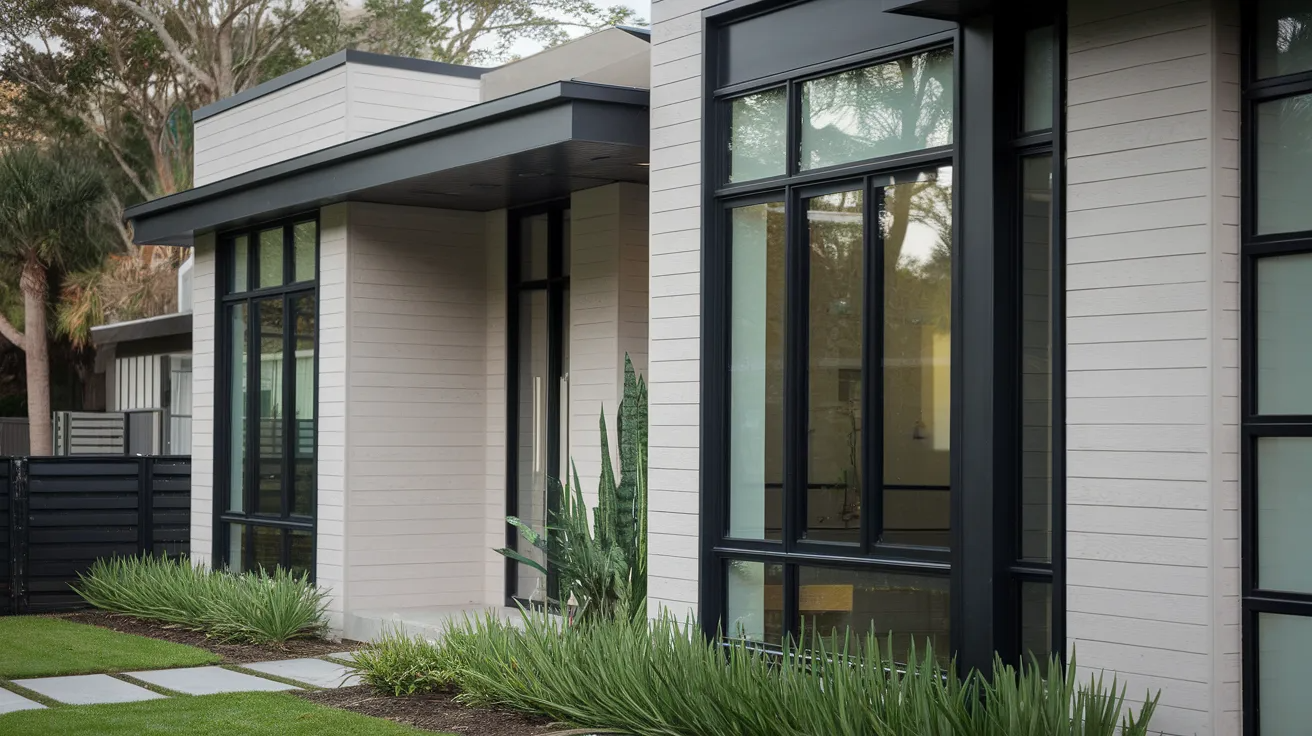 contemporary house exterior with dark window frames creating contrast against light walls in a modern design