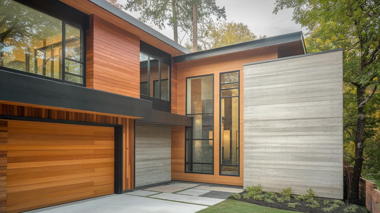 contemporary house exterior with mixed materials including wood and concrete creating a balanced and modern facade