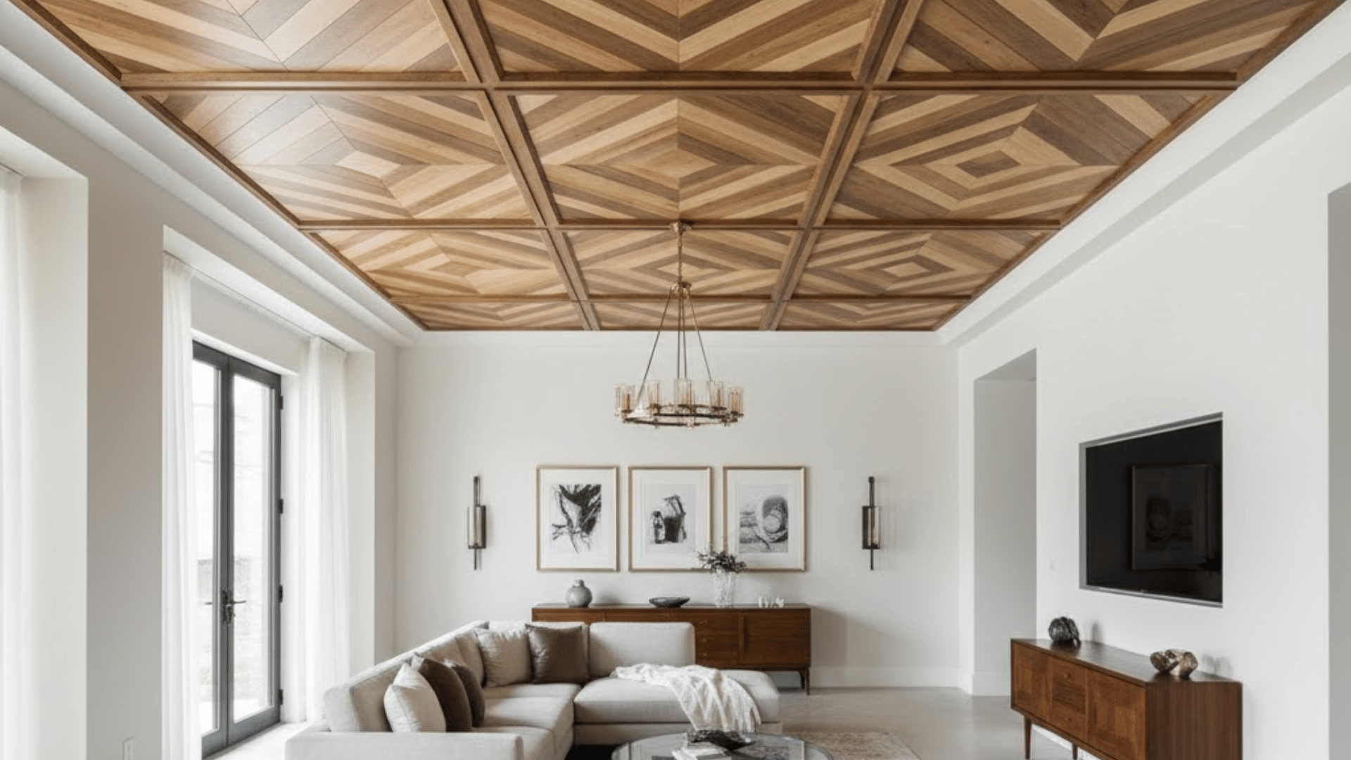 contemporary living room featuring a geometric chevron wood ceiling, neutral sectional sofa, and sleek modern furniture