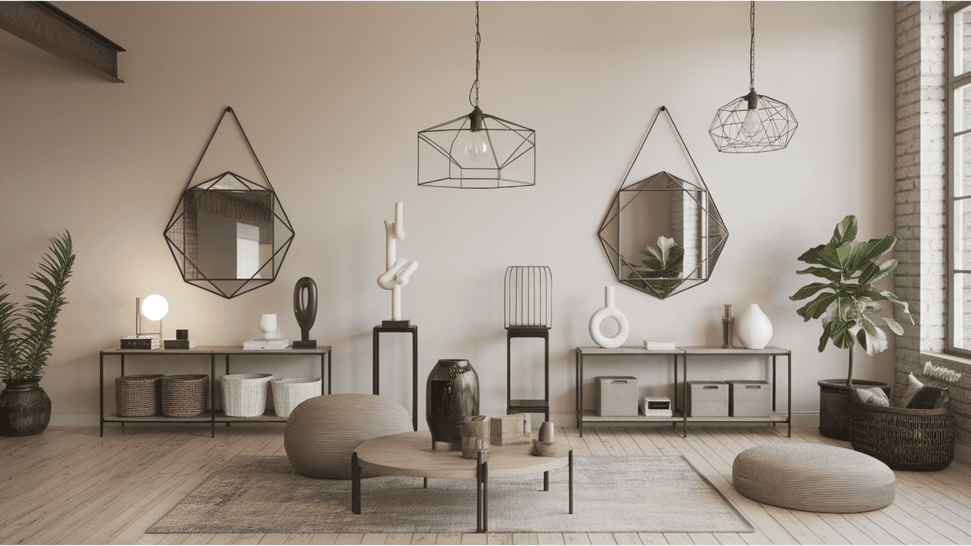 contemporary living room with geometric lighting, industrial mirrors, storage baskets, and minimalist decor accessories
