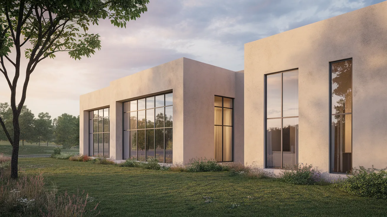 contemporary modern house exterior with smooth stucco finish, clean walls, neutral colors, and minimal details