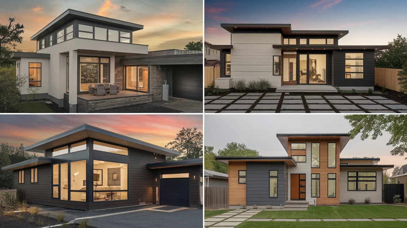 contemporary modern house exteriors with flat roofs, large windows, mixed materials, neutral colors, and clean lines at dusk