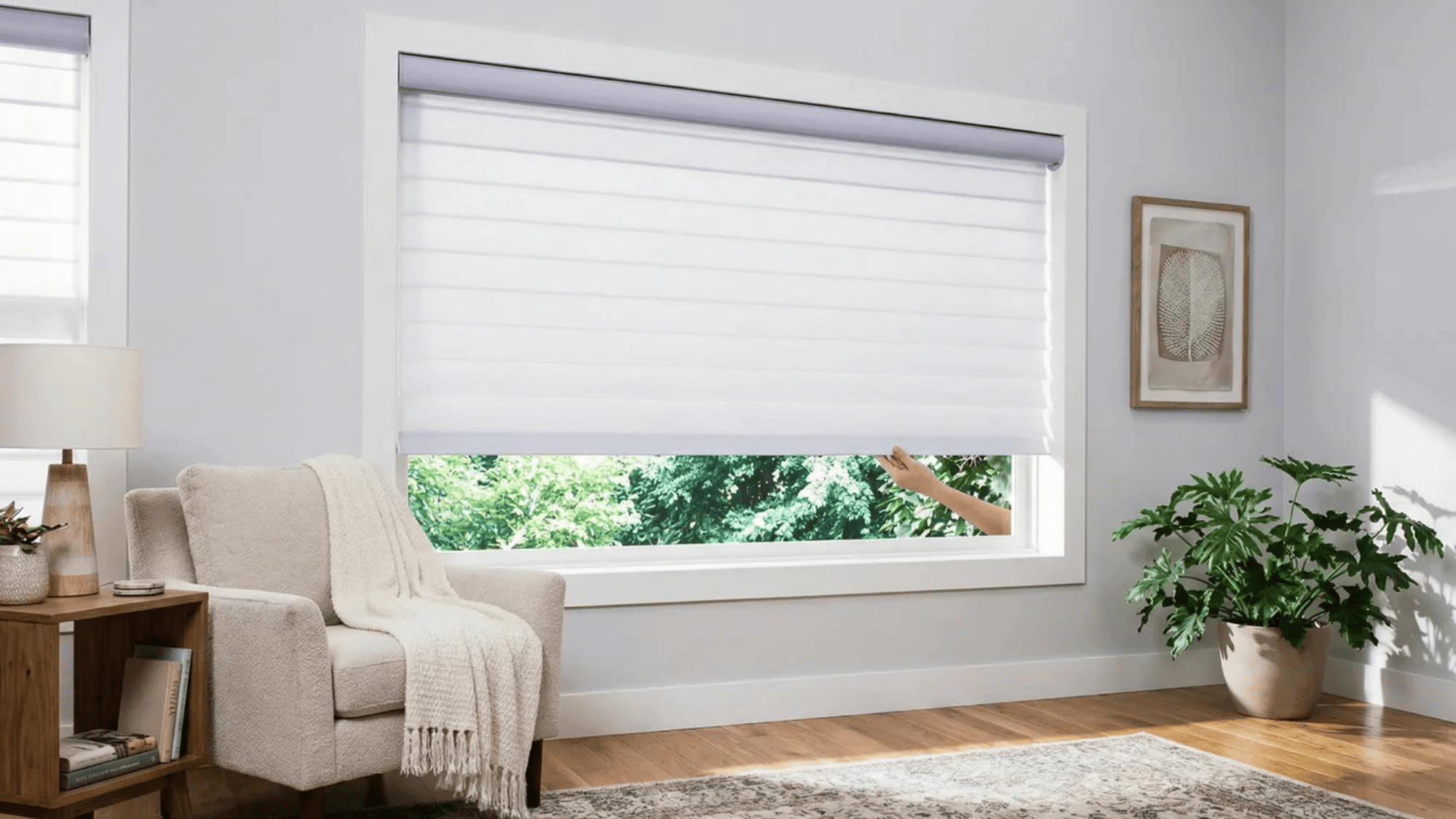 cordless Roman shades in a modern living room, offering a sleek and convenient design with no visible cords, perfect for a clean, minimalist look