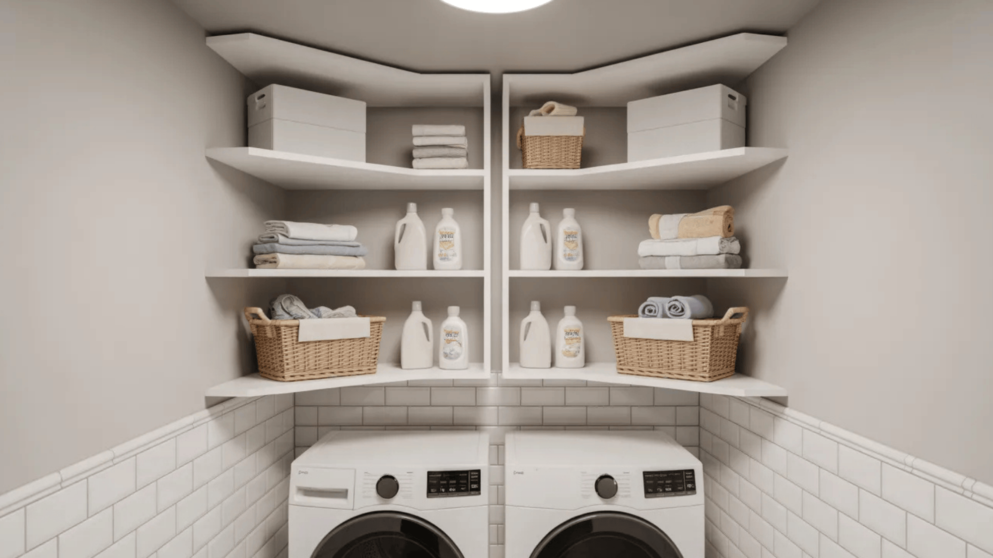 corner laundry room shelves with neatly organized towels, detergent bottles, and baskets, maximizing storage space and function