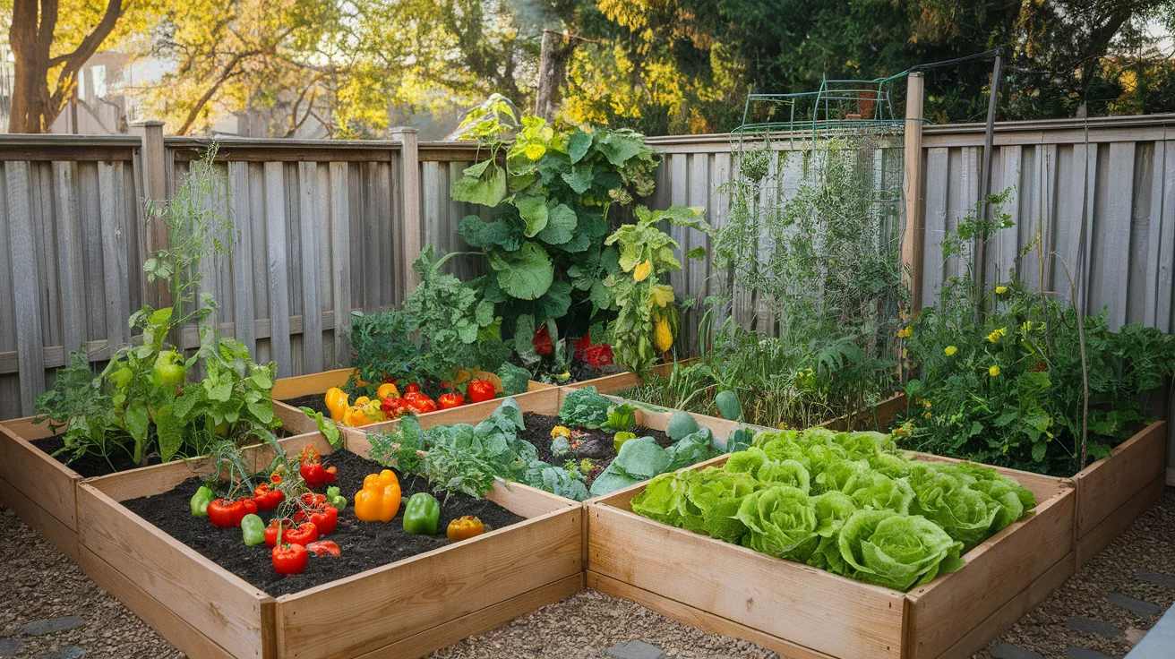 corner vegetable garden layout making use of unused space with raised beds and compact planting