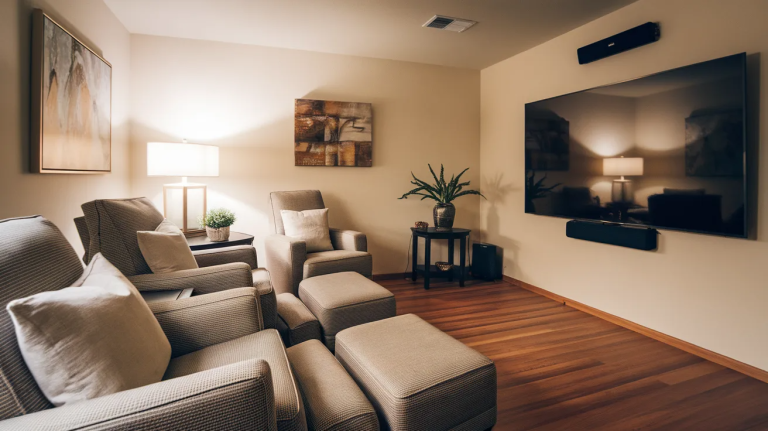 cozy and simple home theater setup with a screen and grey recliner sofas with minimal decor