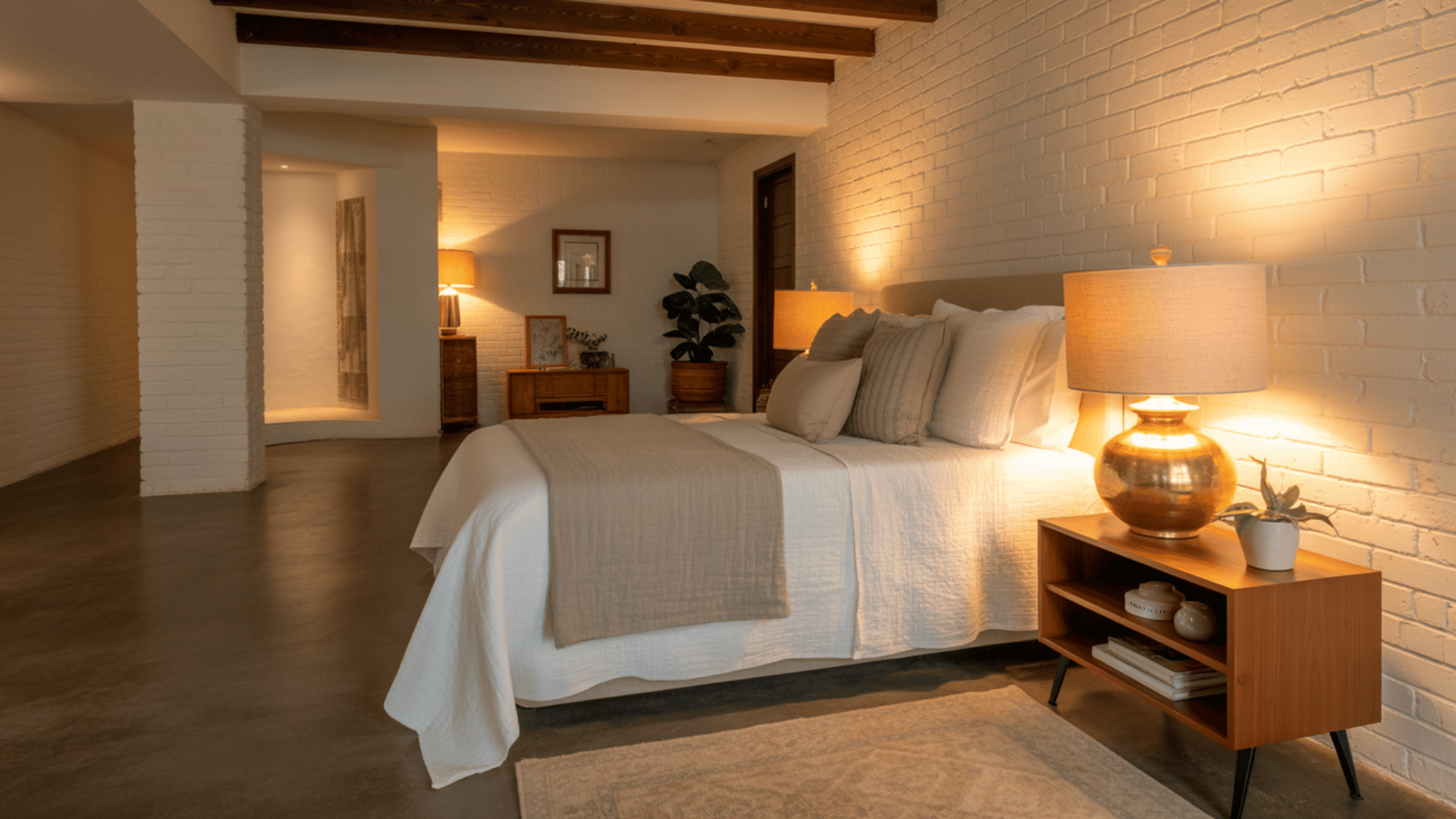 cozy basement bedroom with white brick walls, warm table lamps, neutral bedding, wood furniture, and an open hallway view