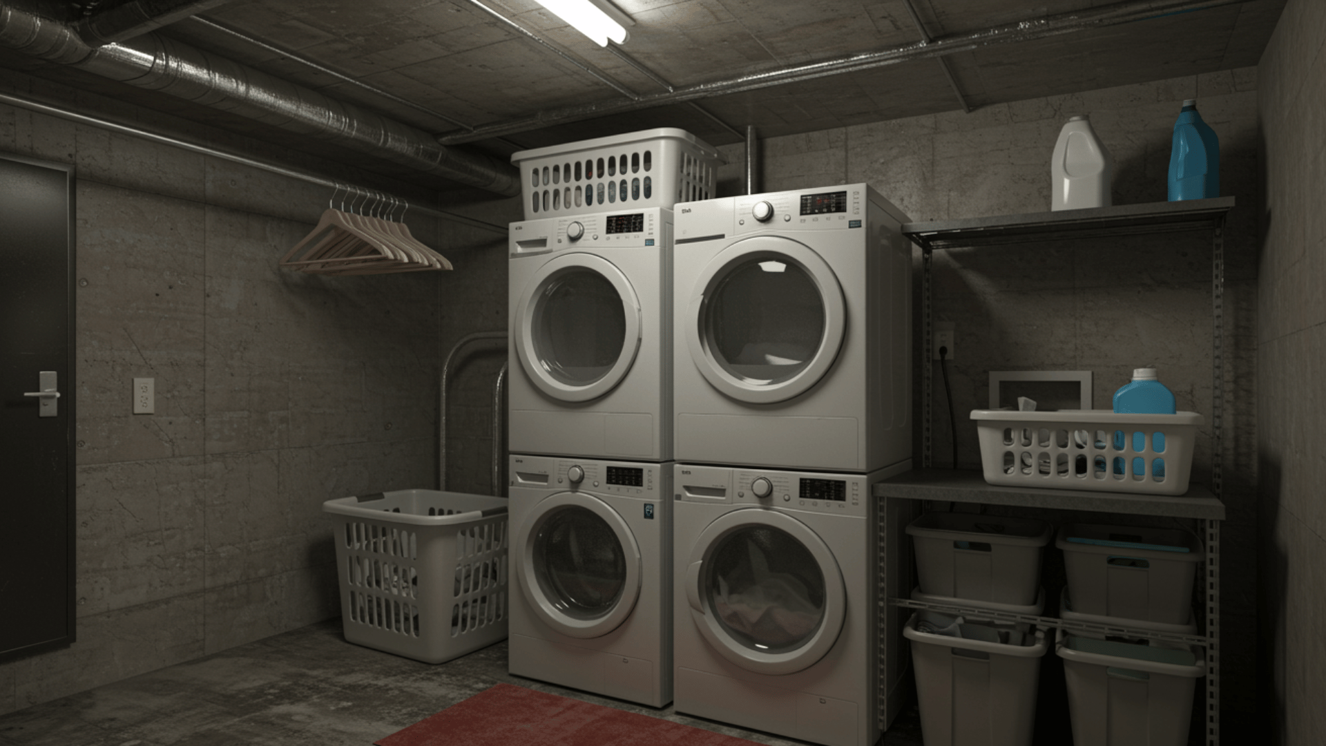 cozy basement laundry room with stacked washer and dryer, storage shelves, baskets, detergent bottles, and concrete walls