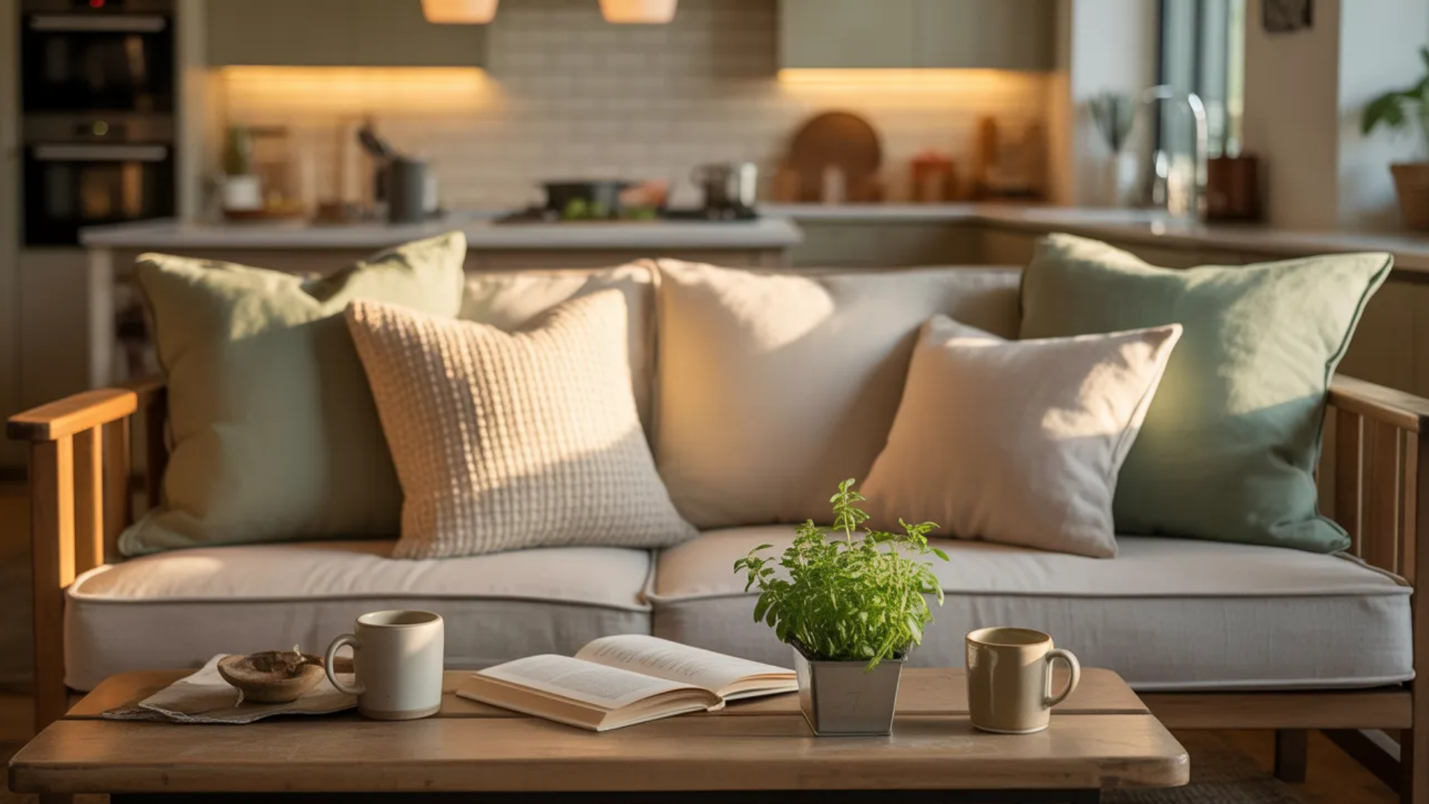 cozy keeping room seating area with a light-colored sofa and soft throw pillows positioned in front of an open kitchen, a wooden coffee table holding two mugs, an open book, and a small potted pla