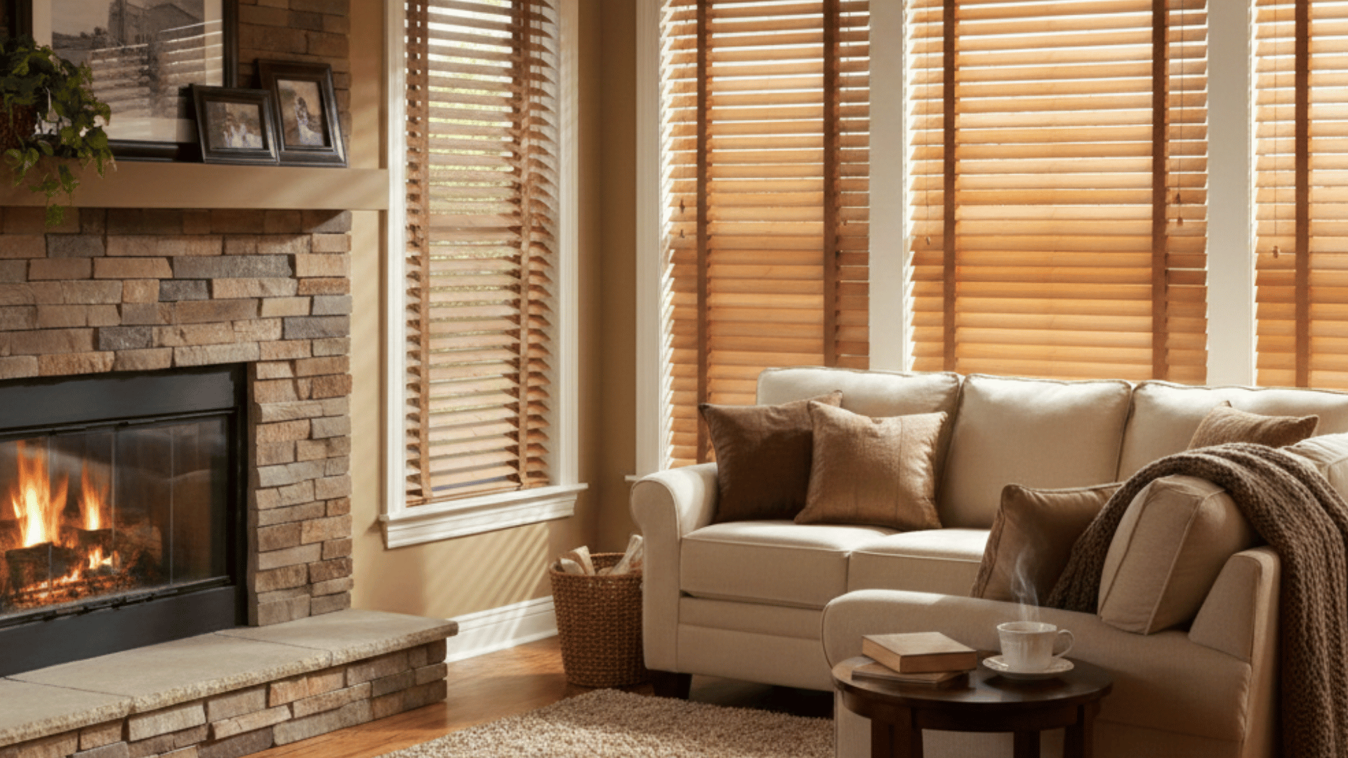 cozy living room with a stone fireplace and warm wood blinds featuring two inch slats, cream furniture, and a plush rug.