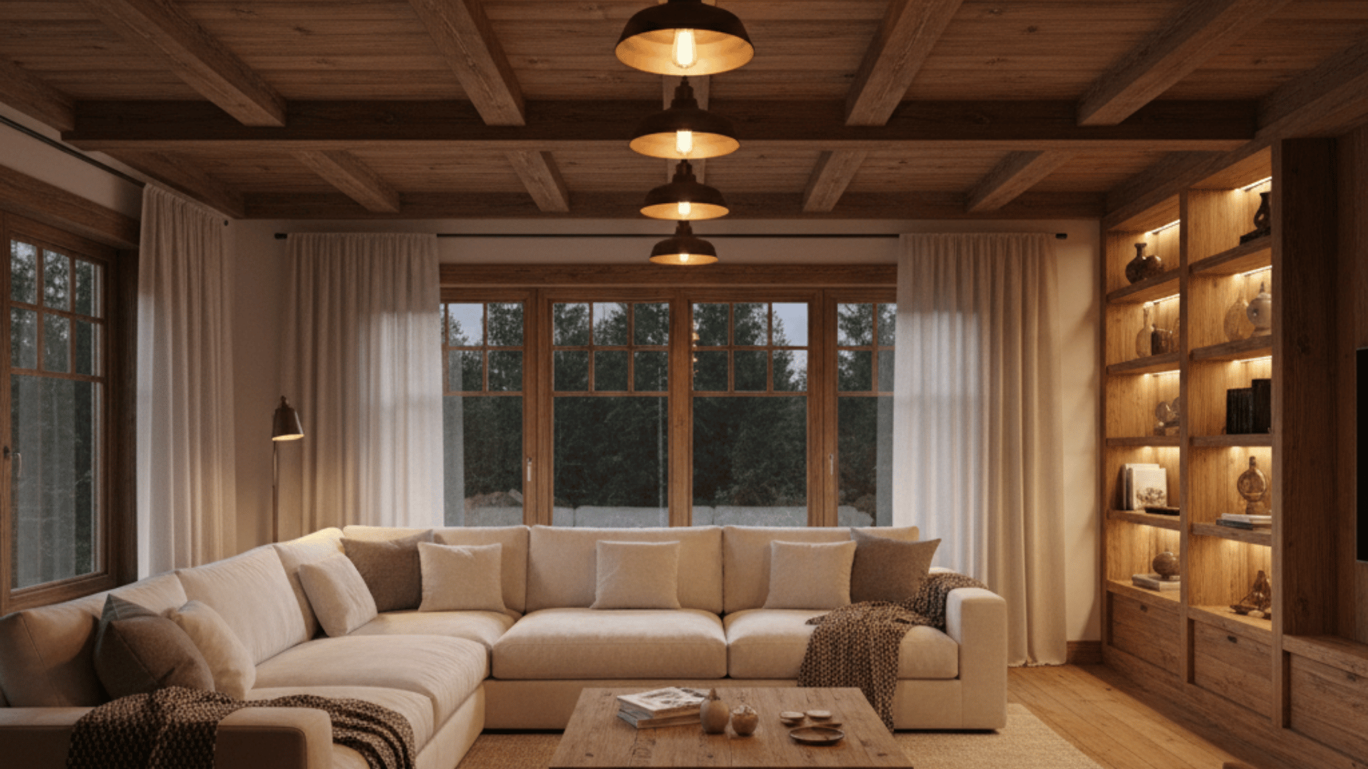 cozy living room with a wood coffered ceiling, warm pendant lights, a large beige sectional, and a wooden coffee table.