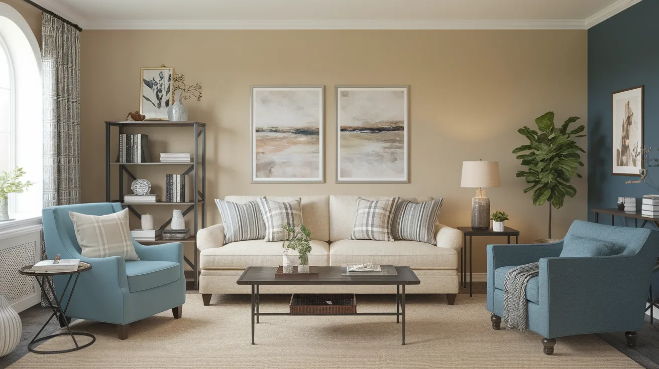 cozy living room with light beige walls, a comfortable sofa, blue armchairs, and stylish artwork and plants for decor