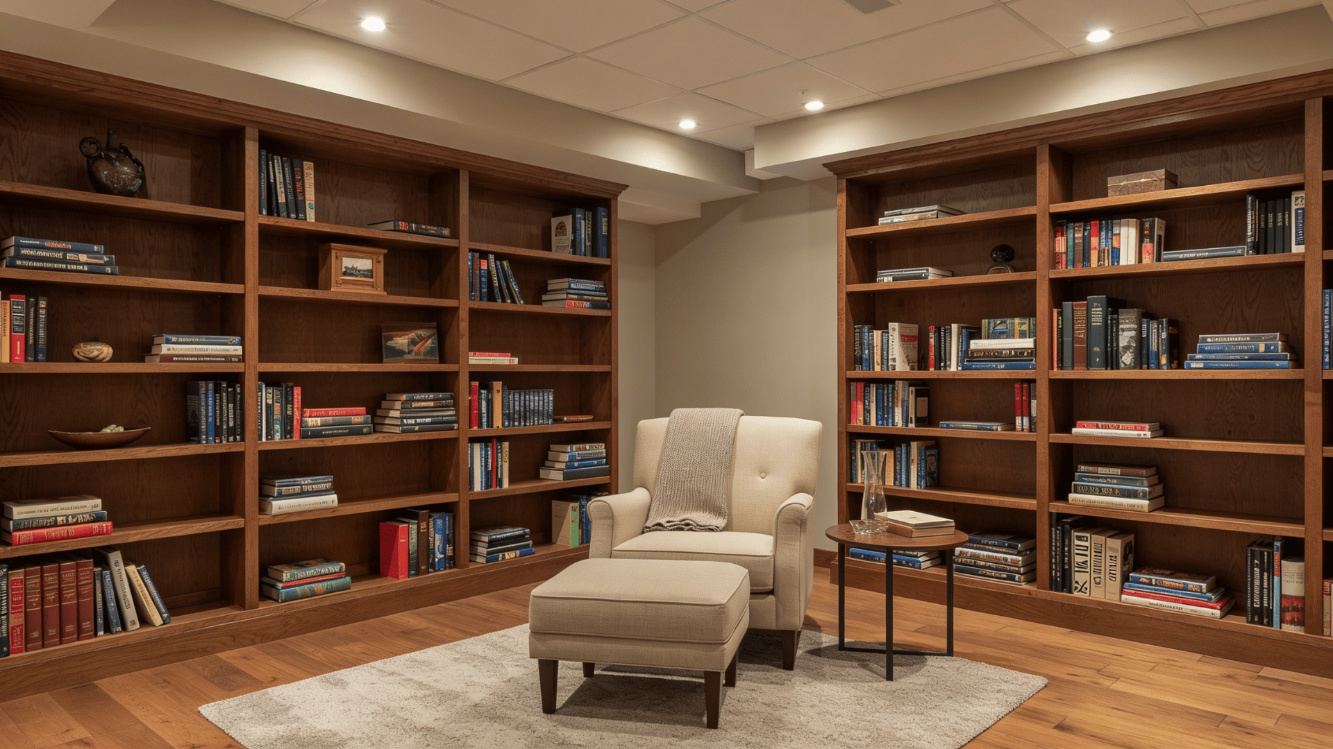 cozy reading nook with wooden bookshelves, assorted books, beige armchair with ottoman, and small side table on rug.