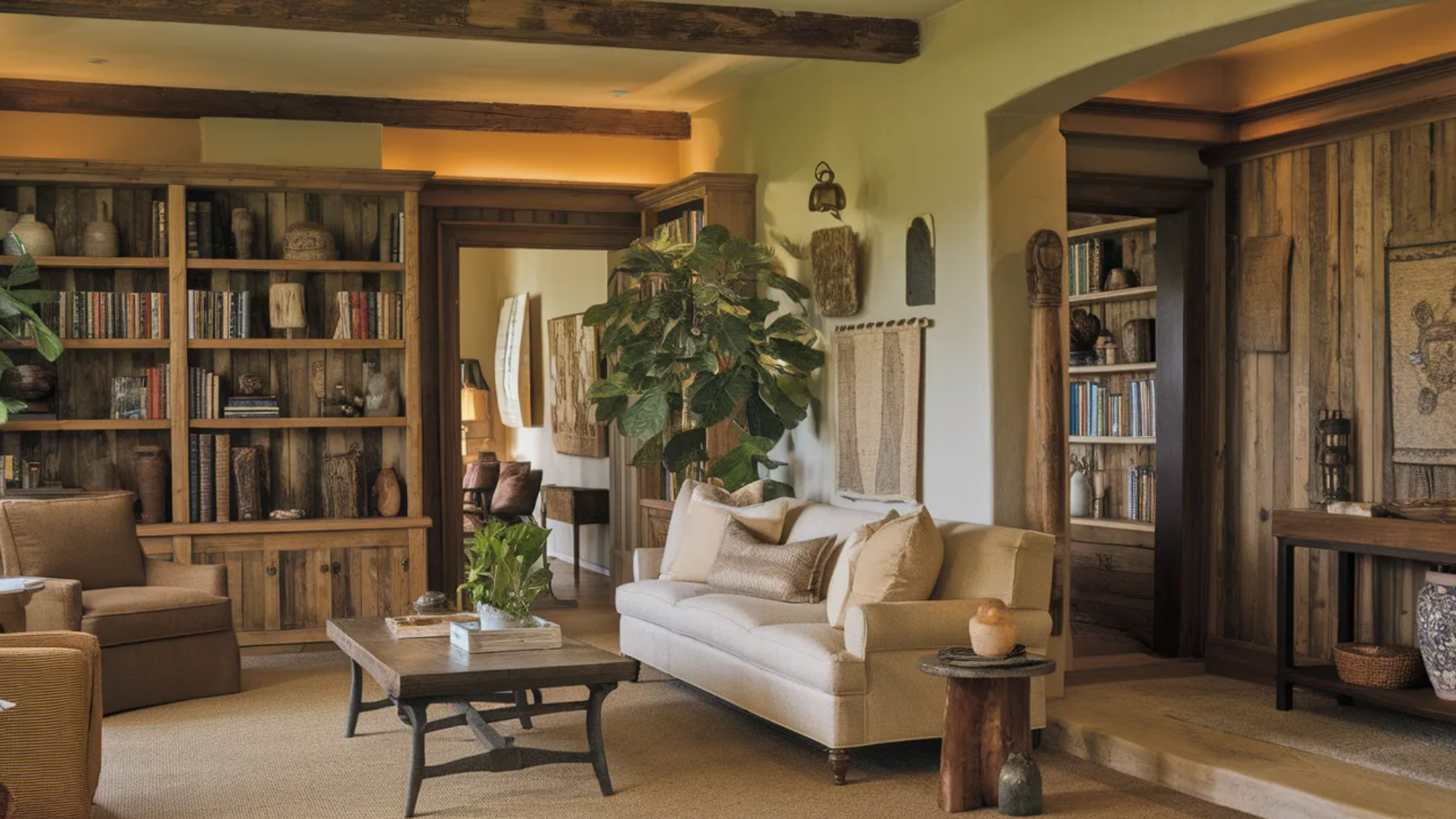 cozy rustic keeping room with built-in wooden bookshelves, exposed ceiling beams, a neutral sofa, and warm lighting, creating an inviting sitting area connected to adjacent rooms
