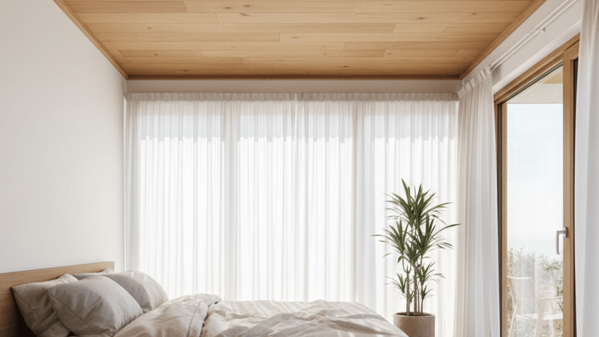 cozy scandinavian bedroom with ultra-slim wood ceiling panels, a minimalist wooden bed, and bright, floor-to-ceiling windows.