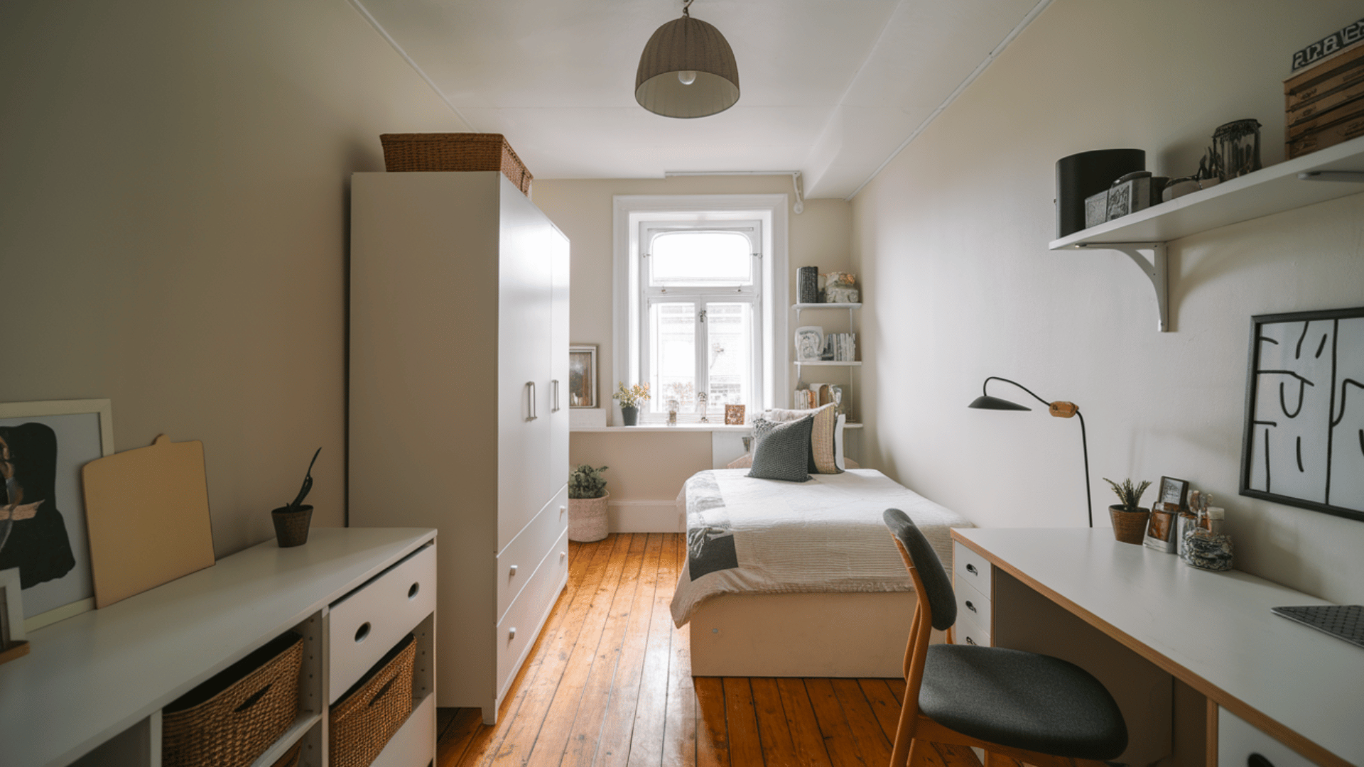 cozy small bedroom with modern furniture, wooden floors, a simple bed, desk, and shelf for storage and decor