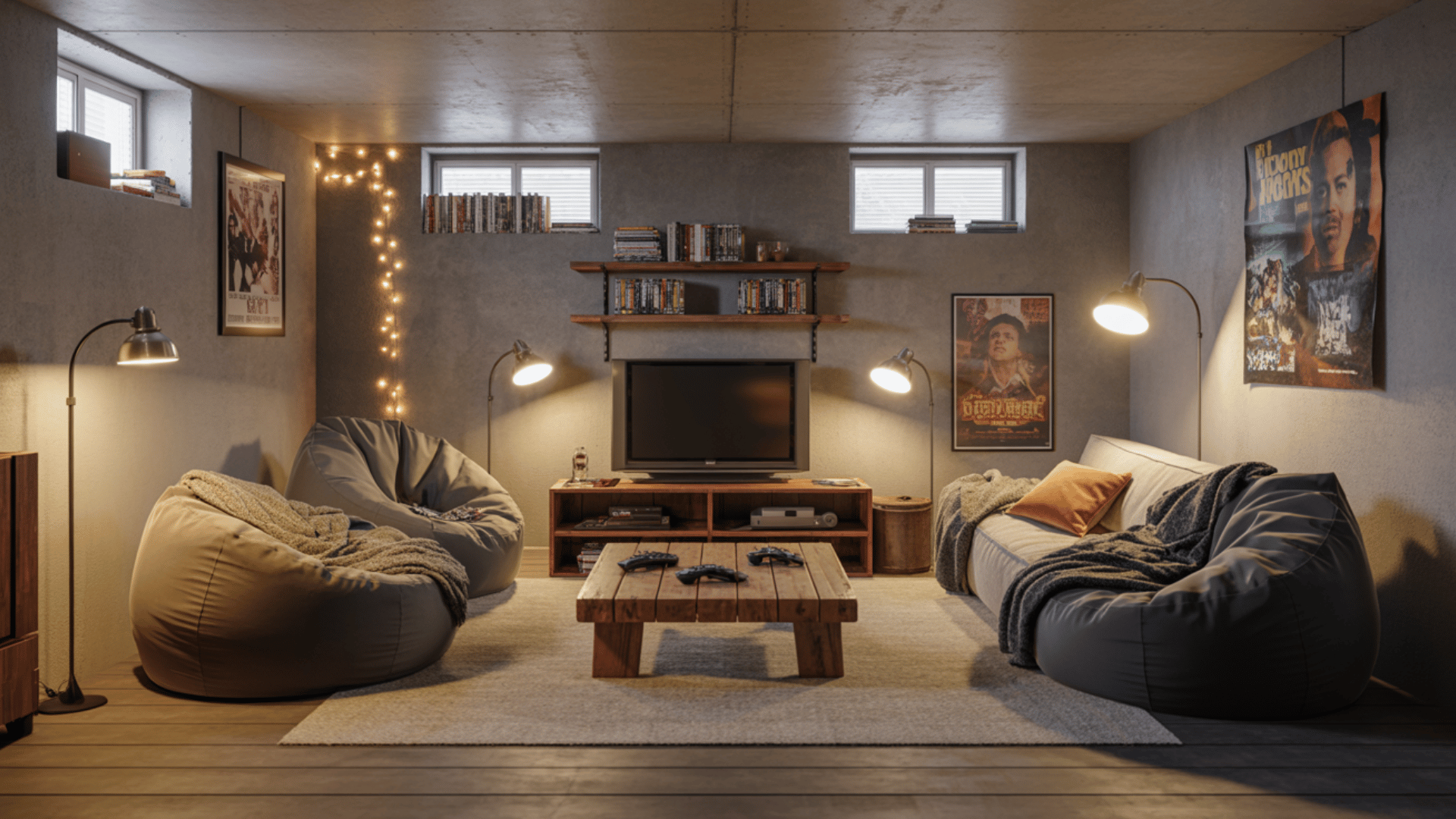 cozy teenage basement hangout with bean bags, TV stand, posters, floor lamps, and string lights for a casual vibe
