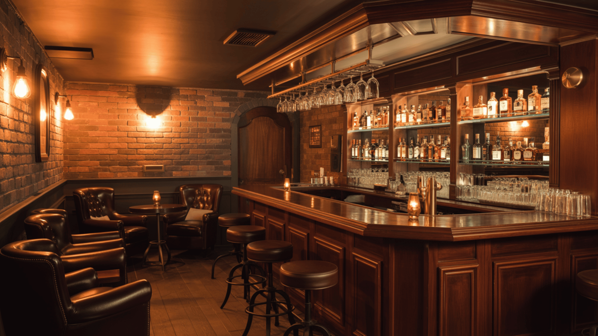 cozy underground basement bar with brick walls, leather seating, a wood counter, liquor shelves, and soft amber lighting
