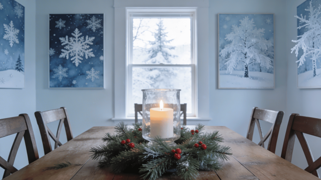 cozy winter dining room with snowy artwork, rustic wooden table, candle centerpiece with greenery, and a frosted view outside.