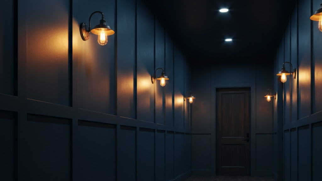 dark board and batten hallway painted deep blue with warm lighting for a bold and cozy atmosphere