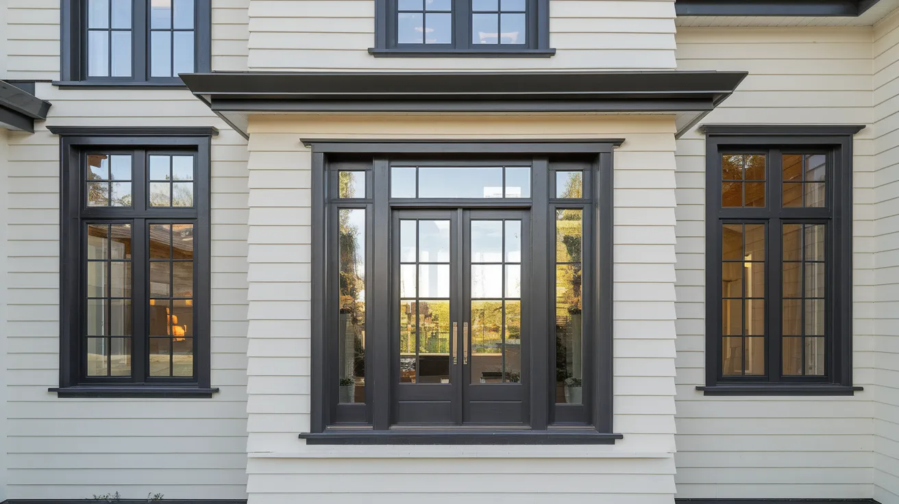 dark exterior window trim on light siding