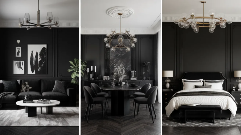 dark gothic interior with black paneled walls, modern chandeliers, cozy living area, elegant dining space, and a moody bedroom setup