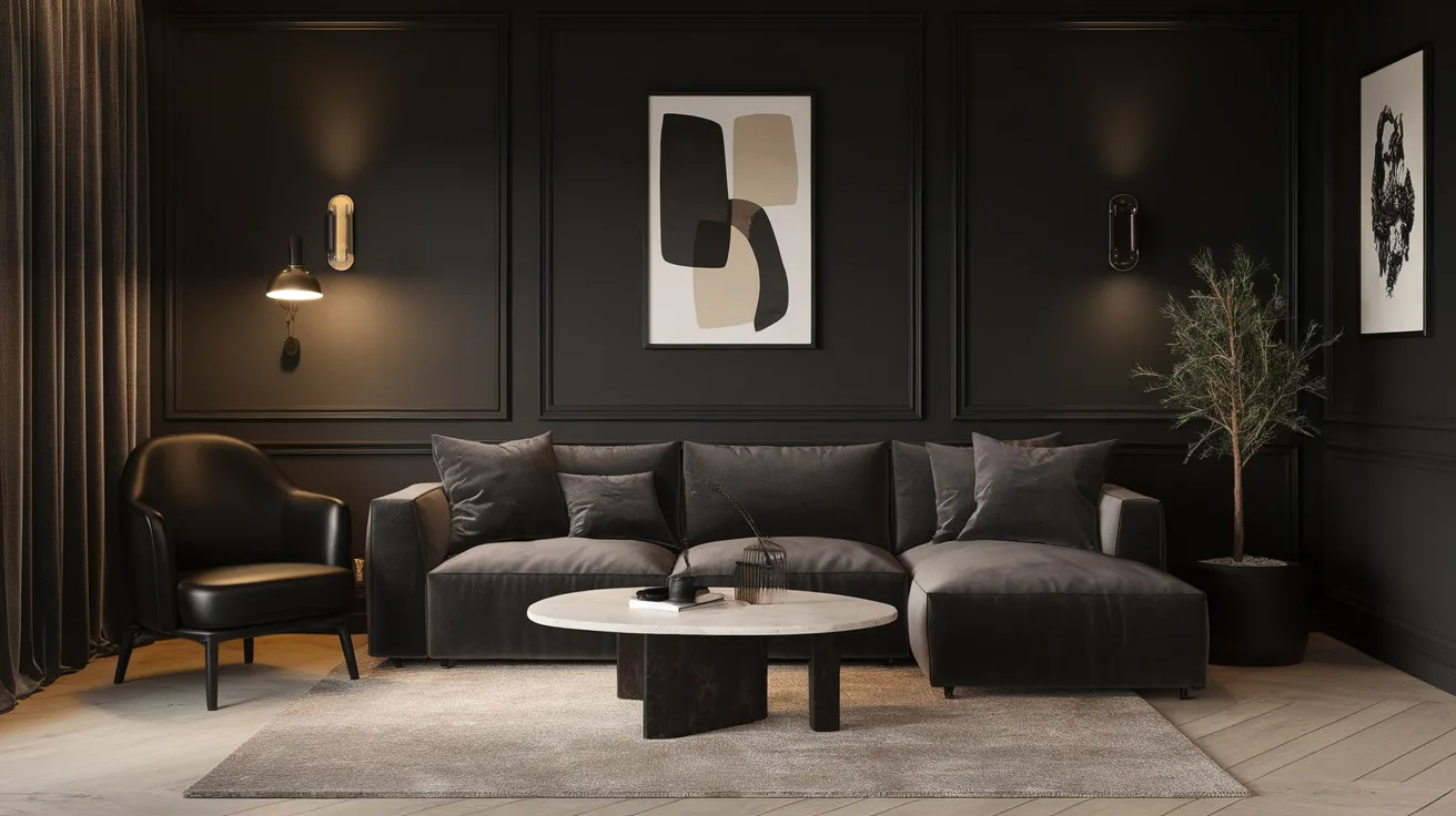 dark gothic living room with charcoal walls, warm lighting, light flooring, and simple decor creating a cozy dramatic mood