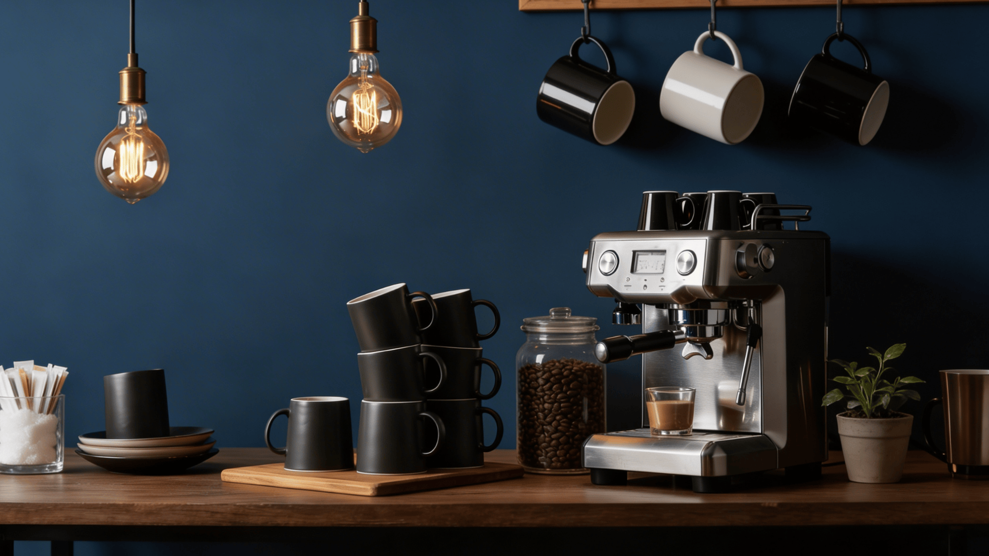 dark moody coffee bar with navy walls and warm Edison bulb lighting