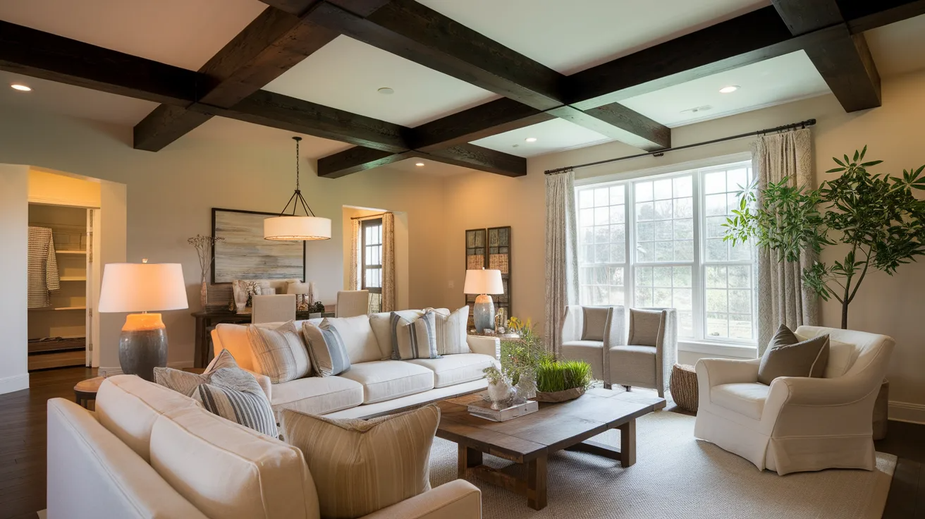 dark stained wood ceiling beams contrasting with a white ceiling in a warm neutral living room