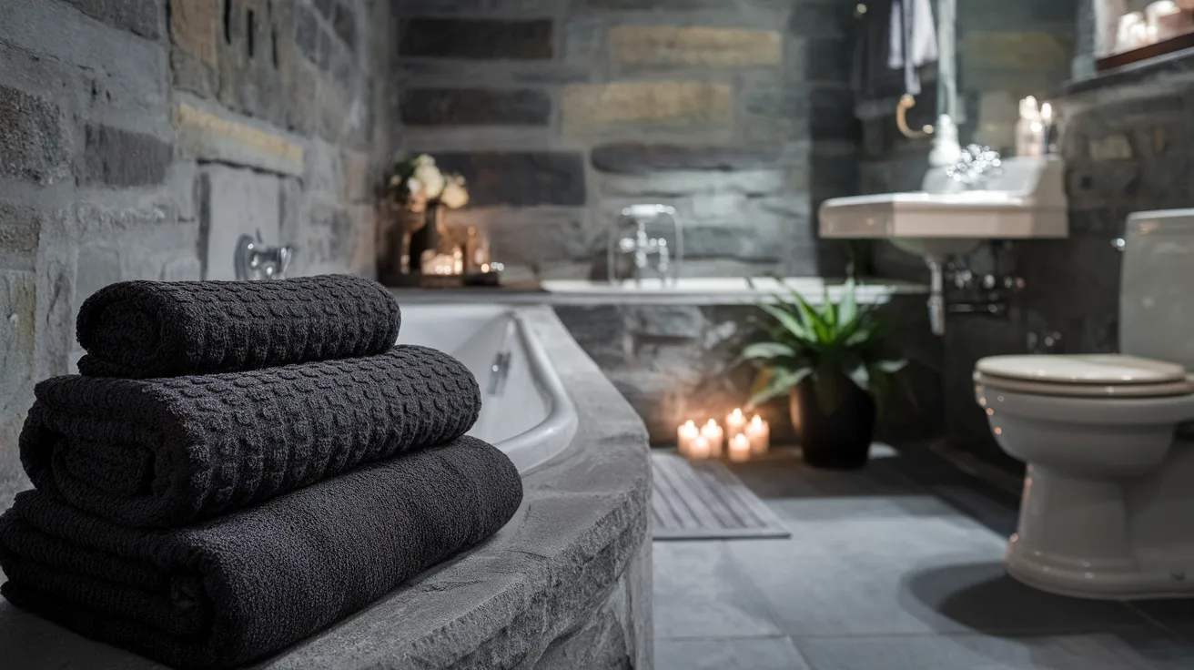 dark textured towels in a gothic bathroom adding warmth and comfort to the space