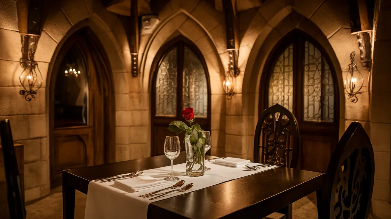 dark wood dining table in a gothic dining space with warm lighting and a moody yet inviting setup
