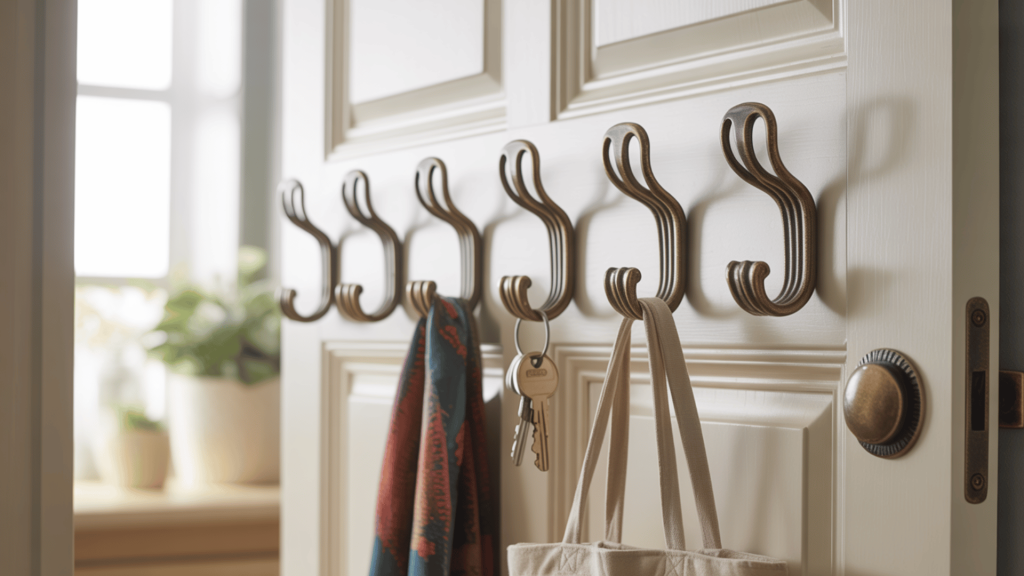 decorative metal hooks mounted behind door holding bags, scarves, and daily essentials neatly