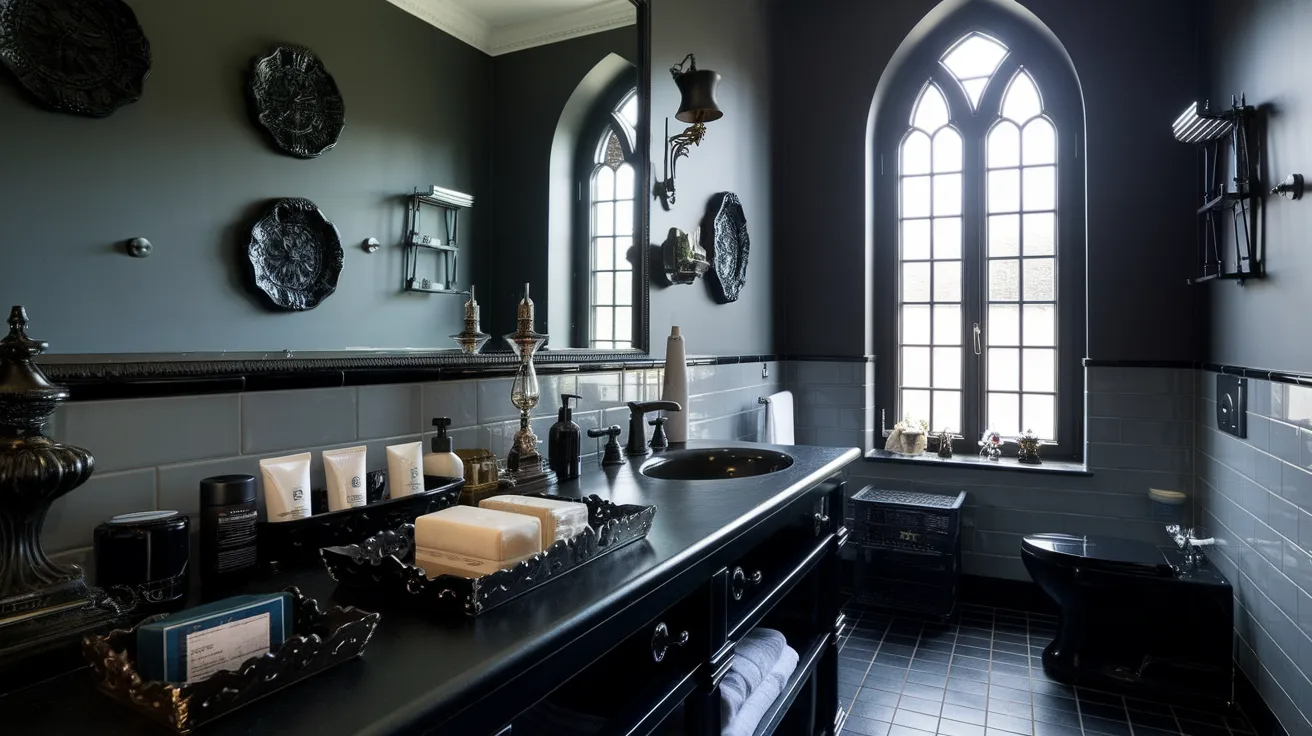 decorative storage jars in a gothic bathroom keeping daily items organized while adding subtle style